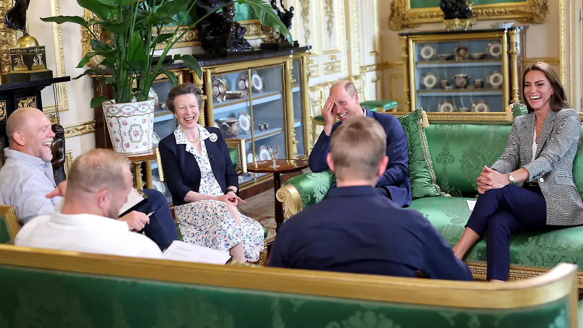 Mike Tindall, Princess Anne, Princess Royal, Prince William, Prince of Wales and Catherine, Princess of Wales attend the recording of a special episode of The Good, The Bad and The Rugby podcast, in the Green Drawing Room at Windsor Castle, in Windsor, England, September 6, 2023. Chris Jackson/Pool via REUTERS