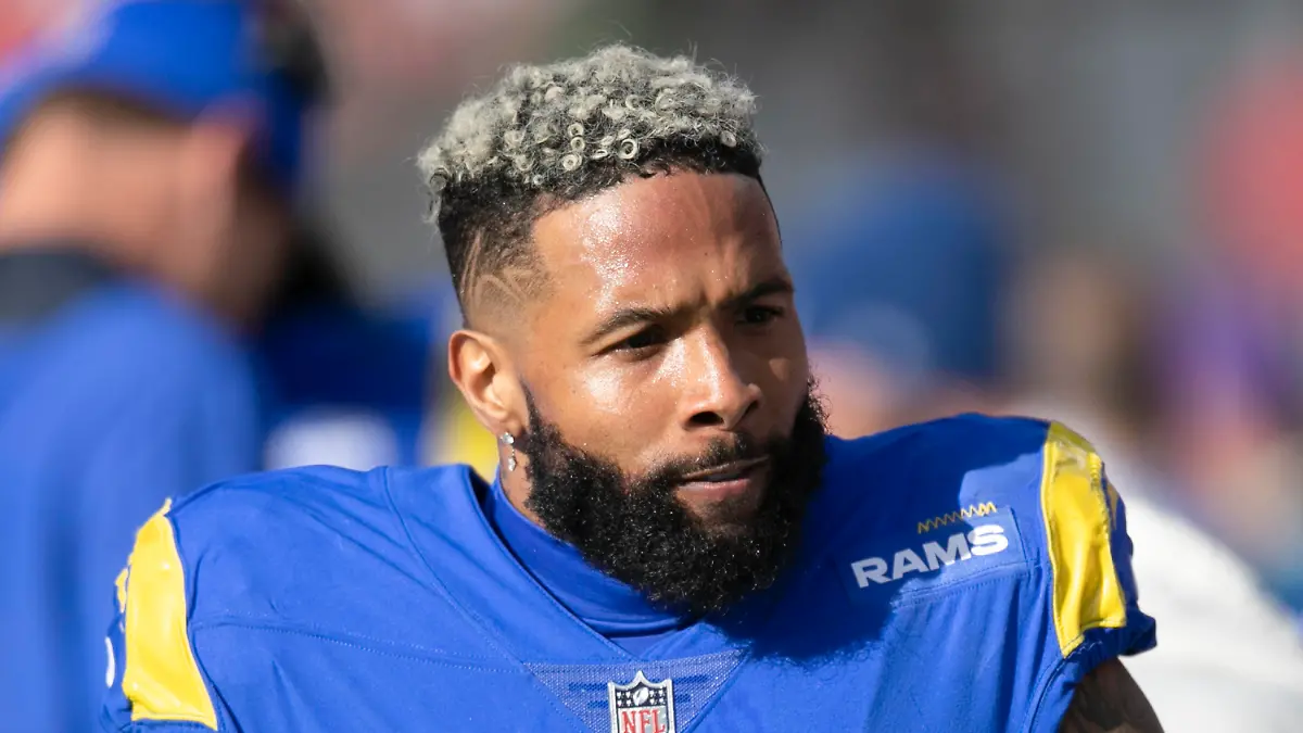 FILE - Los Angeles Rams wide receiver Odell Beckham Jr. walks on the sideline during a NFL divisional playoff football game against the Tampa Bay Buccaneers on Jan. 23, 2022, in Tampa, Fla. Beckham Jr. was removed by police from an aircraft before takeoff at Miami International Airport after officials said he failed to respond to requests to buckle his seatbelt and appeared to be unconsciousness, police and airline officials said Sunday, Nov. 27, 2022. (AP Photo/Alex Menendez, File)