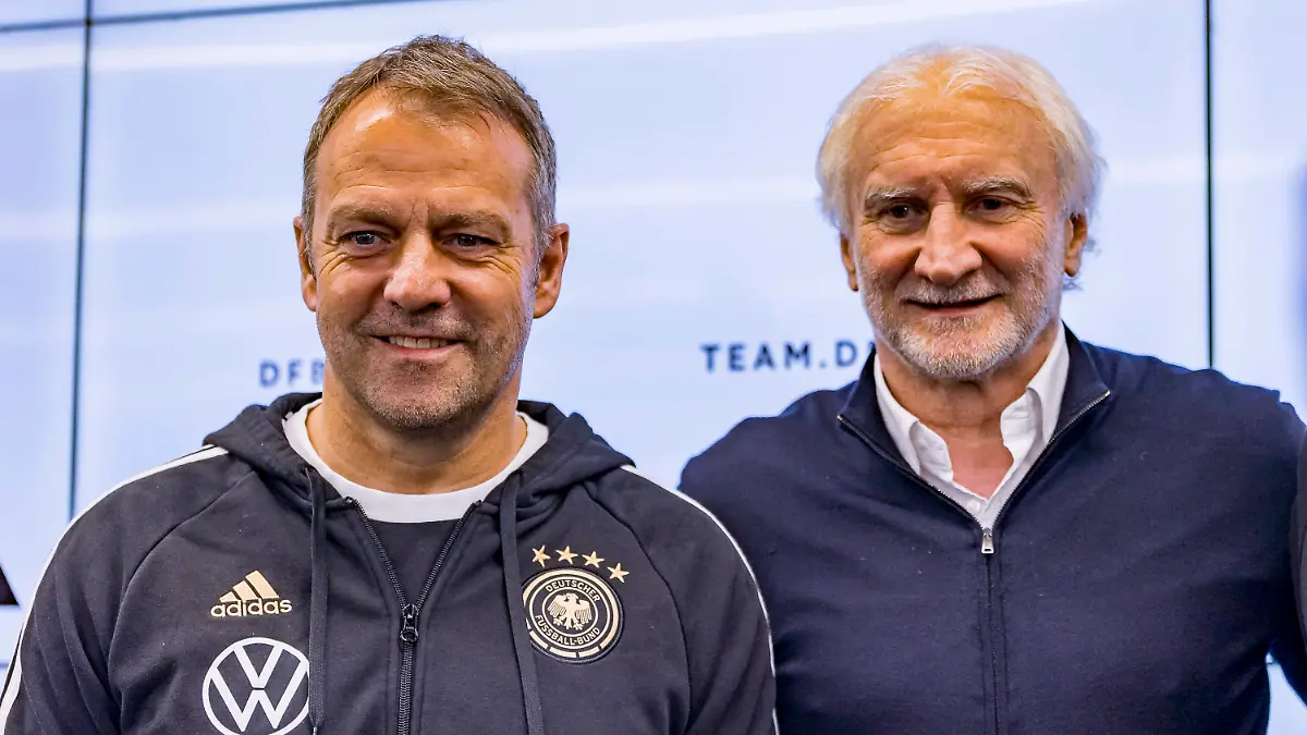 DFB Pressekonferenz, DFB Campus, Frankfurt, 20.03.2023 Hansi Flick Trainer Deutsche Fussball Nationalmannschaft & Rudi Völler Direktor Deutsche Fussball Nationalmannschaft, DFB PK, Frankfurt, DFB Campus, 20.3.2023 *** DFB Press Conference, DFB Campus, Frankfurt, 20 03 2023 Hansi Flick Coach German National Football Team Rudi Völler Director German National Football Team , DFB PK, Frankfurt, DFB Campus, 20 3 2023 Copyright: xBEAUTIFULxSPORTS/Gawlikx