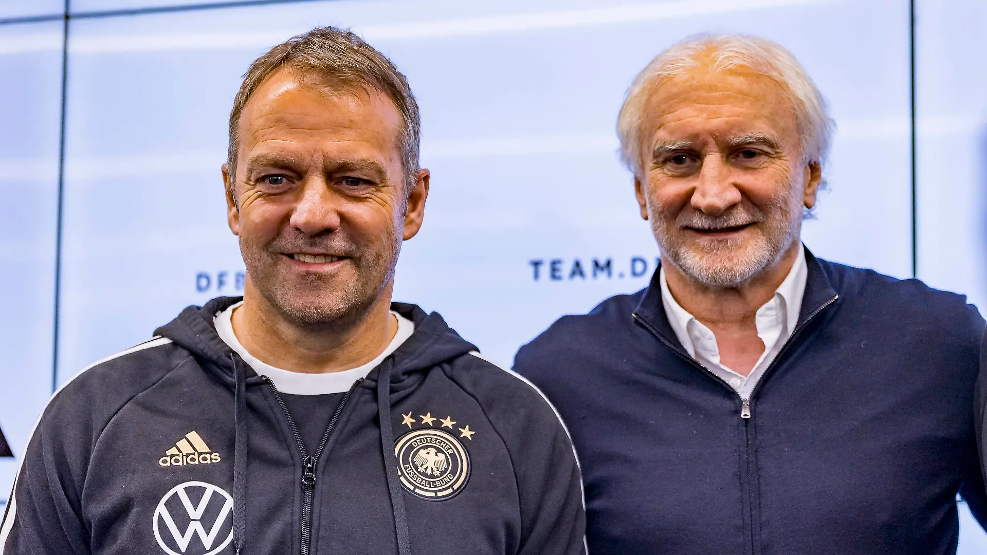 DFB Pressekonferenz, DFB Campus, Frankfurt, 20.03.2023 Hansi Flick Trainer Deutsche Fussball Nationalmannschaft & Rudi Völler Direktor Deutsche Fussball Nationalmannschaft, DFB PK, Frankfurt, DFB Campus, 20.3.2023 *** DFB Press Conference, DFB Campus, Frankfurt, 20 03 2023 Hansi Flick Coach German National Football Team Rudi Völler Director German National Football Team , DFB PK, Frankfurt, DFB Campus, 20 3 2023 Copyright: xBEAUTIFULxSPORTS/Gawlikx
