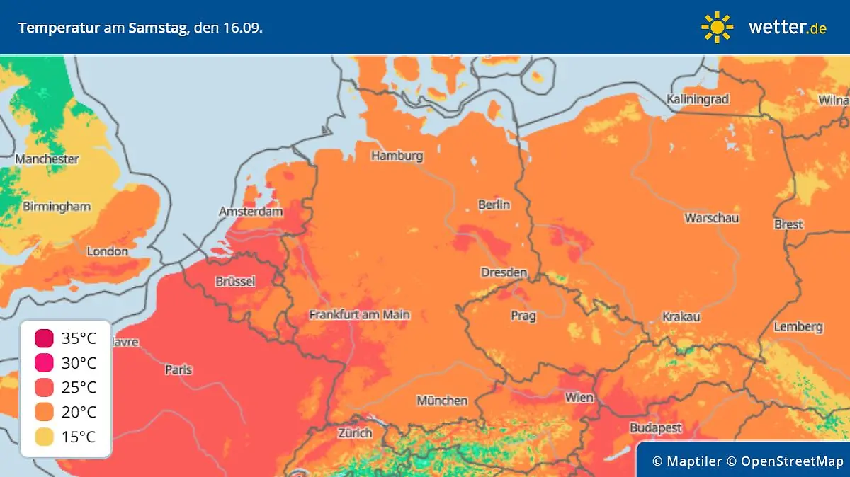 Temperaturhöchstwerte am Samstag, 16. September, in Deutschland