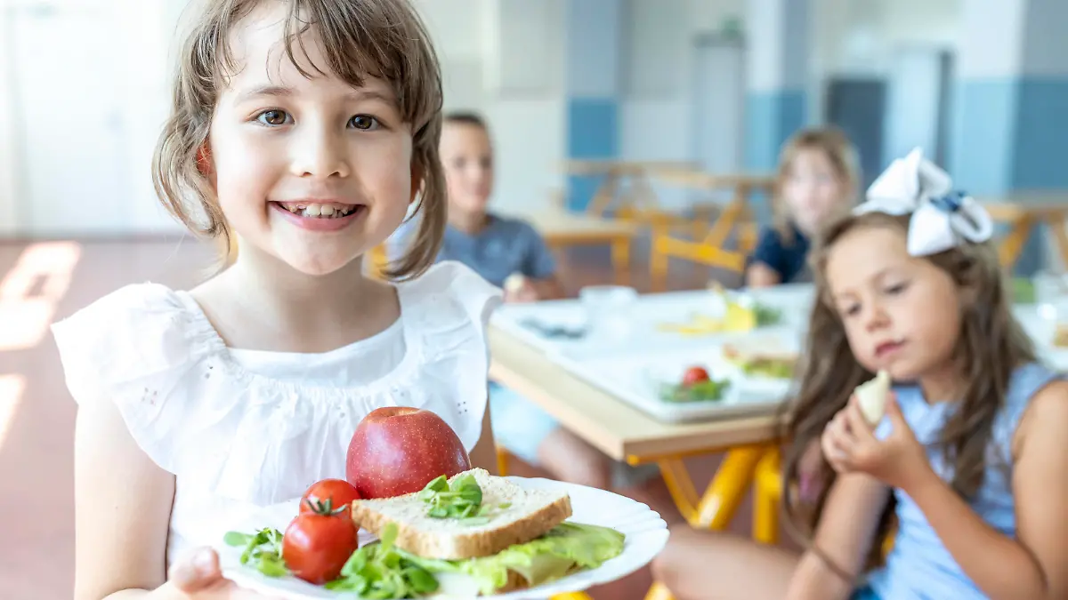  Smiling student holding healthy meal on plate standing at cafeteria model released, Symbolfoto property released, WESTF25272