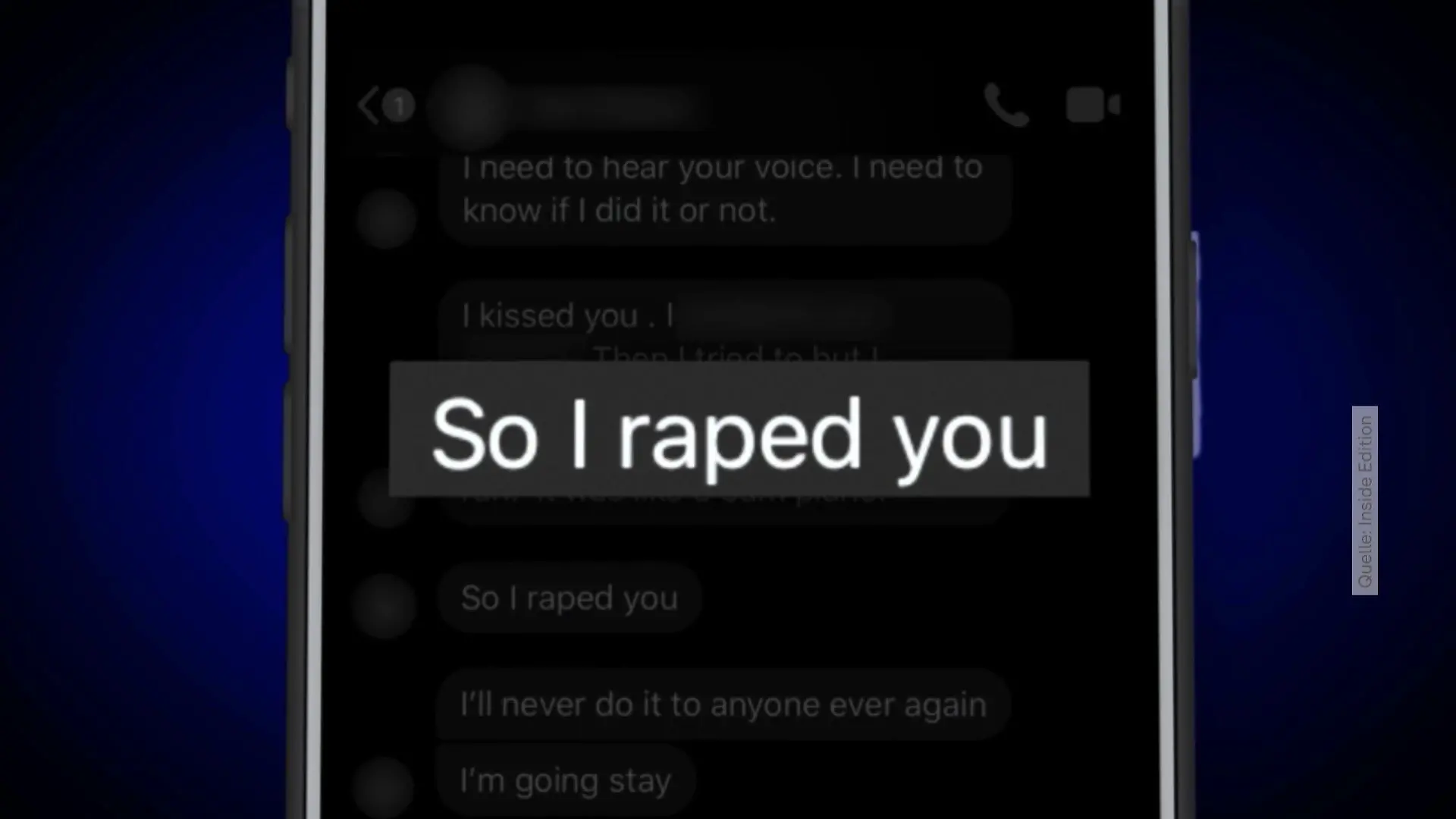Zu sehen ist eine Textnachricht mit den Worten "I raped you".