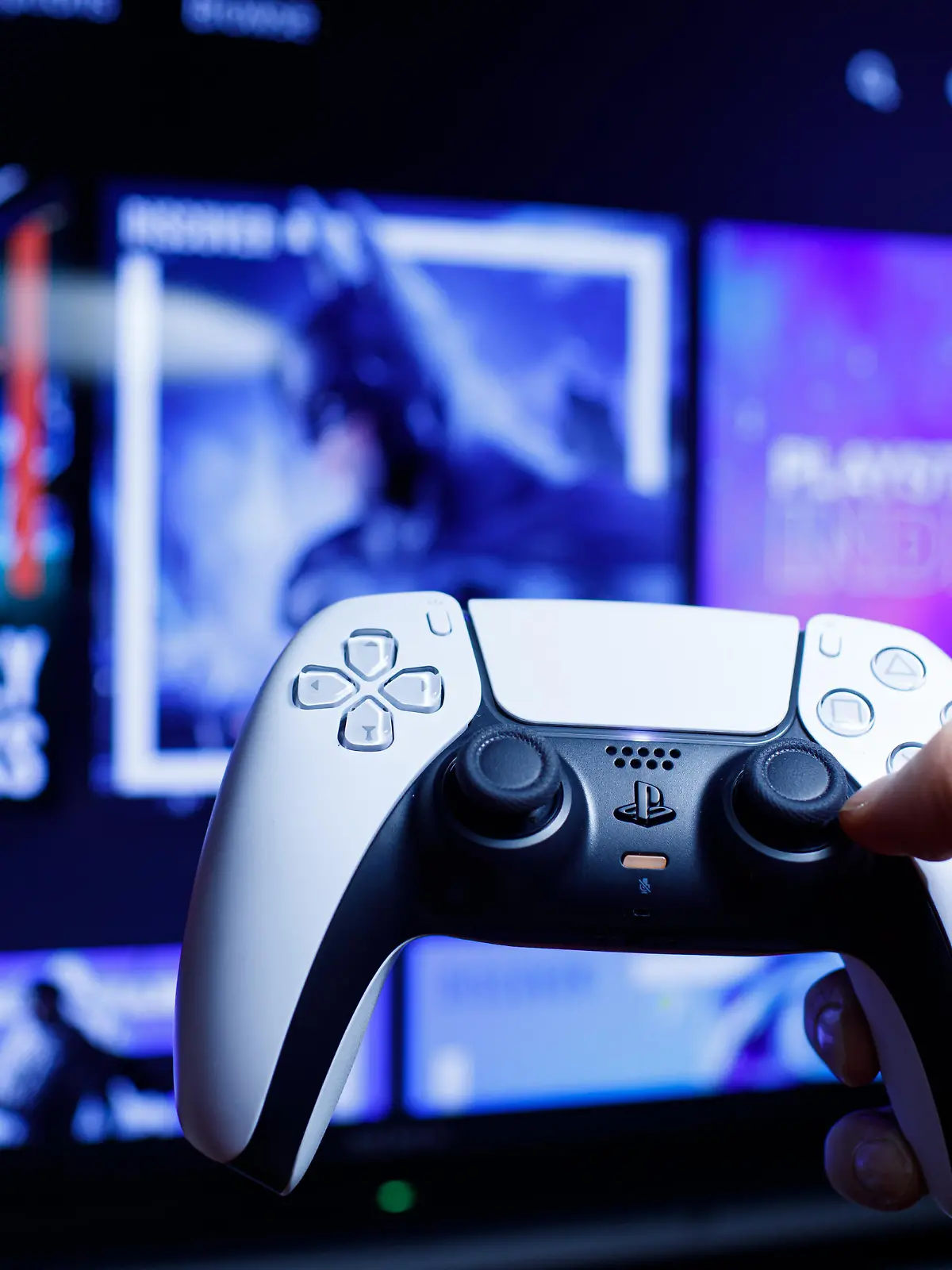 Riga, Latvia - November 23 2020: PlayStation 5 Sony reveals PS5 console and games. Dualsense controller