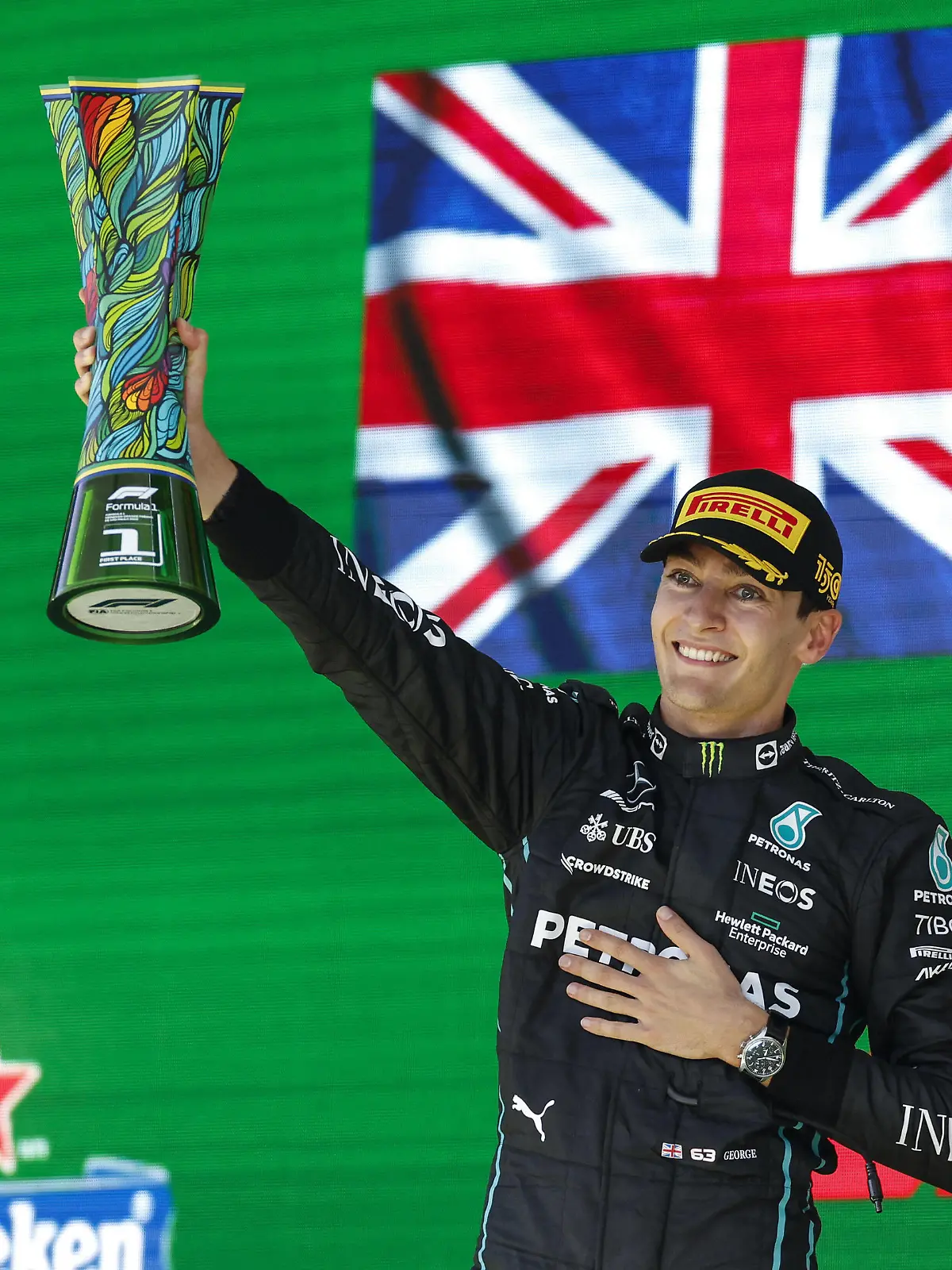  RUSSELL George gbr, Mercedes AMG F1 Team W13, portrait podium during the Formula 1 Heineken Grande Premio de Sao Paulo 2022, Sao Paulo Grand Prix Grand Prix 2022, 21st round of the 2022 FIA Formula One World Championship, WM, Weltmeisterschaft from November 11 to 13, 2022 on the Interlagos Circuit, in Sao Paulo, Brazil - F1 - SAO PAULO GRAND PRIX 2022 - RACE DPPI/Panoramic PUBLICATIONxNOTxINxFRAxITAxBEL 20221113_F12022GP21BRA_JK196925