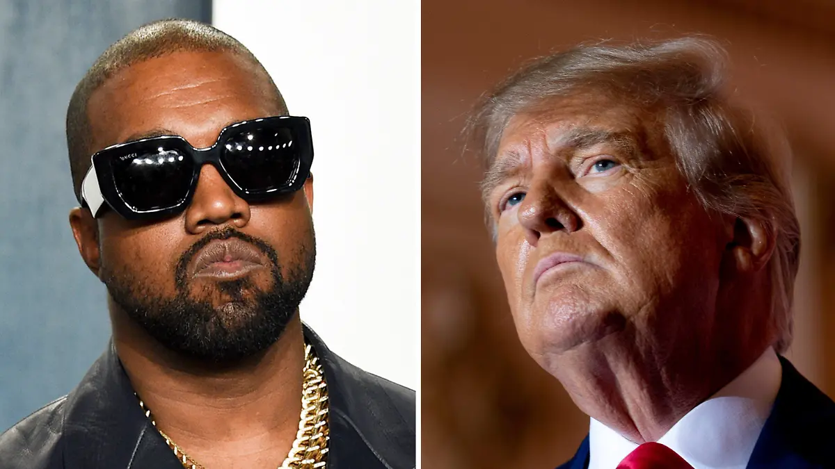 ARCHIV - 10.02.2020, USA, Beverly Hills: Rapper Kanye West und Ex-US-Präsident Donald Trump kabbeln sich in sozialen Netzwerken. Hintergrund ist ein Abendessen, dass am Dienstag in Trumps Anwesen Mar-a-Lago im US-Bundesstaat Florida stattgefunden haben soll. Daran soll West zufolge auch der rechtsextreme Nationalist Nick Fuentes teilgenommen haben. (zu dpa "Trump und Kanye West im Clinch wegen eines Dinners") Foto: Evan Agostini/AP/dpa +++ dpa-Bildfunk +++