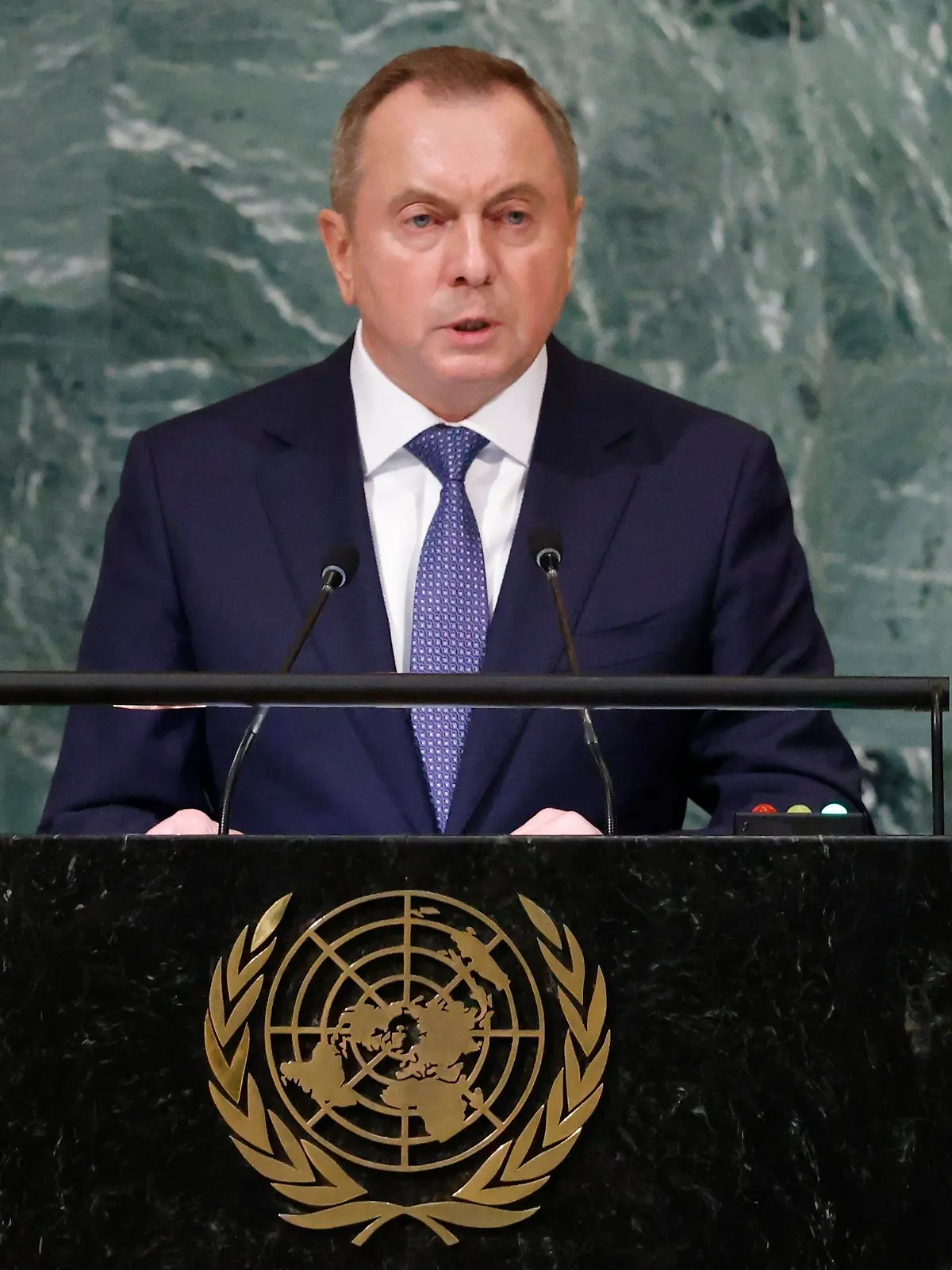 FILE - Foreign Minister of Belarus Vladimir Makei addresses the 77th session of the United Nations General Assembly, at U.N. headquarters, Saturday, Sept. 24, 2022. Belarusian Foreign Minister Vladimir Makei, a close ally of authoritarian President Alexander Lukashenko, has died at age 64, the state news agency Belta reported Saturday, Nov. 26, 2022. No cause of death was stated. (AP Photo/Jason DeCrow, File)
