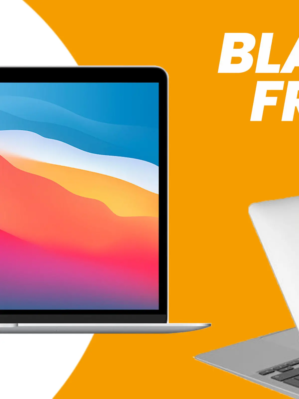 Das MacBook Air (2020) auf weiß-orangen Hintergrund und die in weißer Schrift "Black Friday" in der Ecke oben rechts.