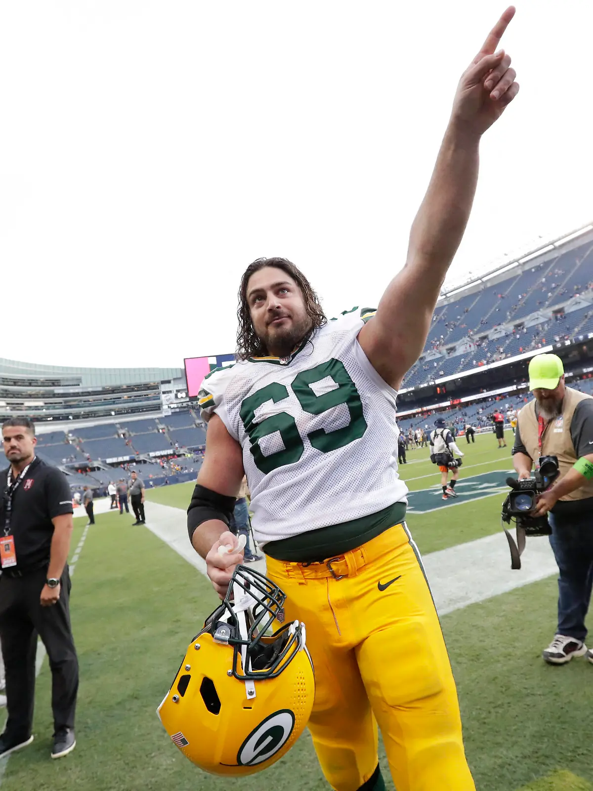 Sep 10, 2023; Chicago, Illinois, USA; Green Bay Packers offensive tackle David Bakhtiari (69) celebrates a victory against the Chicago Bears during their football game at Soldier Field. Mandatory Credit: Dan Powers-USA TODAY Sports