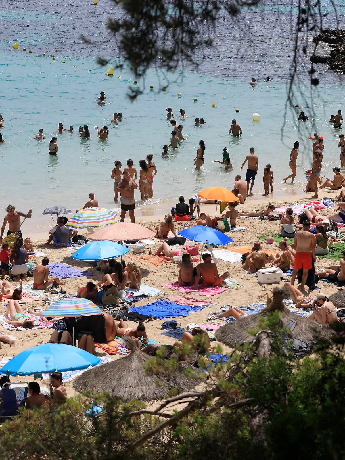 22.07.2023, Spanien, Calvia: Menschen schwimmen und sonnen sich am Strand von Illetes auf Mallorca. Das Mittelmeer erwärmt sich einer Studie zufolge immer schneller und wird dabei auch immer salziger. Das Wasser erwärme sich infolge des Klimawandels mit einer Geschwindigkeit von etwa zwei Grad je 100 Jahre im westlichen Mittelmeer und an einigen Stellen sogar um drei Grad pro Jahrhundert, schrieben Wissenschaftler des spanischen Meeresforschungsinstituts ICM-CSIC in der Zeitschrift «Journal of Marine Science and Engineering». Foto: Clara Margais/dpa +++ dpa-Bildfunk +++