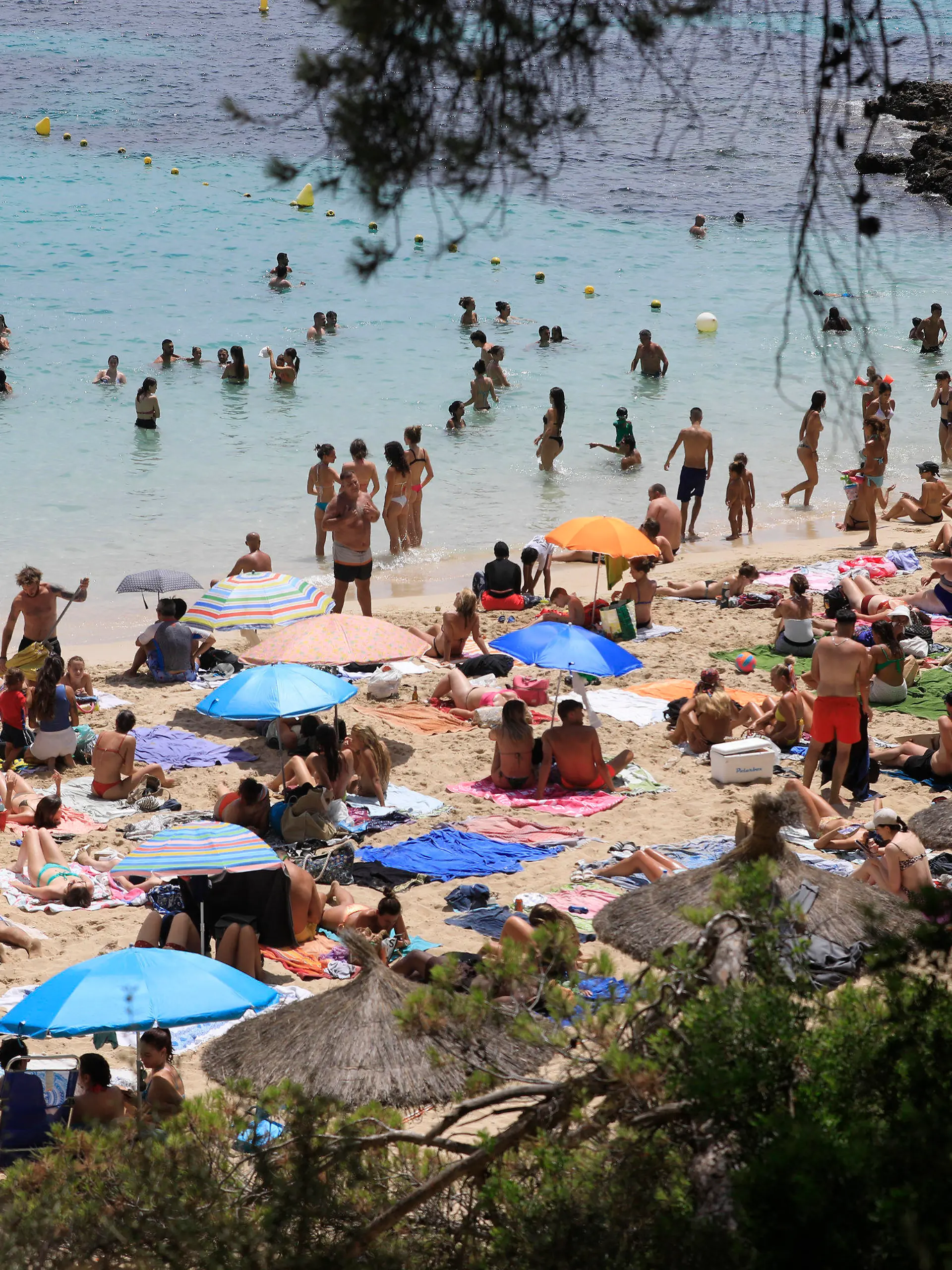 22.07.2023, Spanien, Calvia: Menschen schwimmen und sonnen sich am Strand von Illetes auf Mallorca. Das Mittelmeer erwärmt sich einer Studie zufolge immer schneller und wird dabei auch immer salziger. Das Wasser erwärme sich infolge des Klimawandels mit einer Geschwindigkeit von etwa zwei Grad je 100 Jahre im westlichen Mittelmeer und an einigen Stellen sogar um drei Grad pro Jahrhundert, schrieben Wissenschaftler des spanischen Meeresforschungsinstituts ICM-CSIC in der Zeitschrift «Journal of Marine Science and Engineering». Foto: Clara Margais/dpa +++ dpa-Bildfunk +++