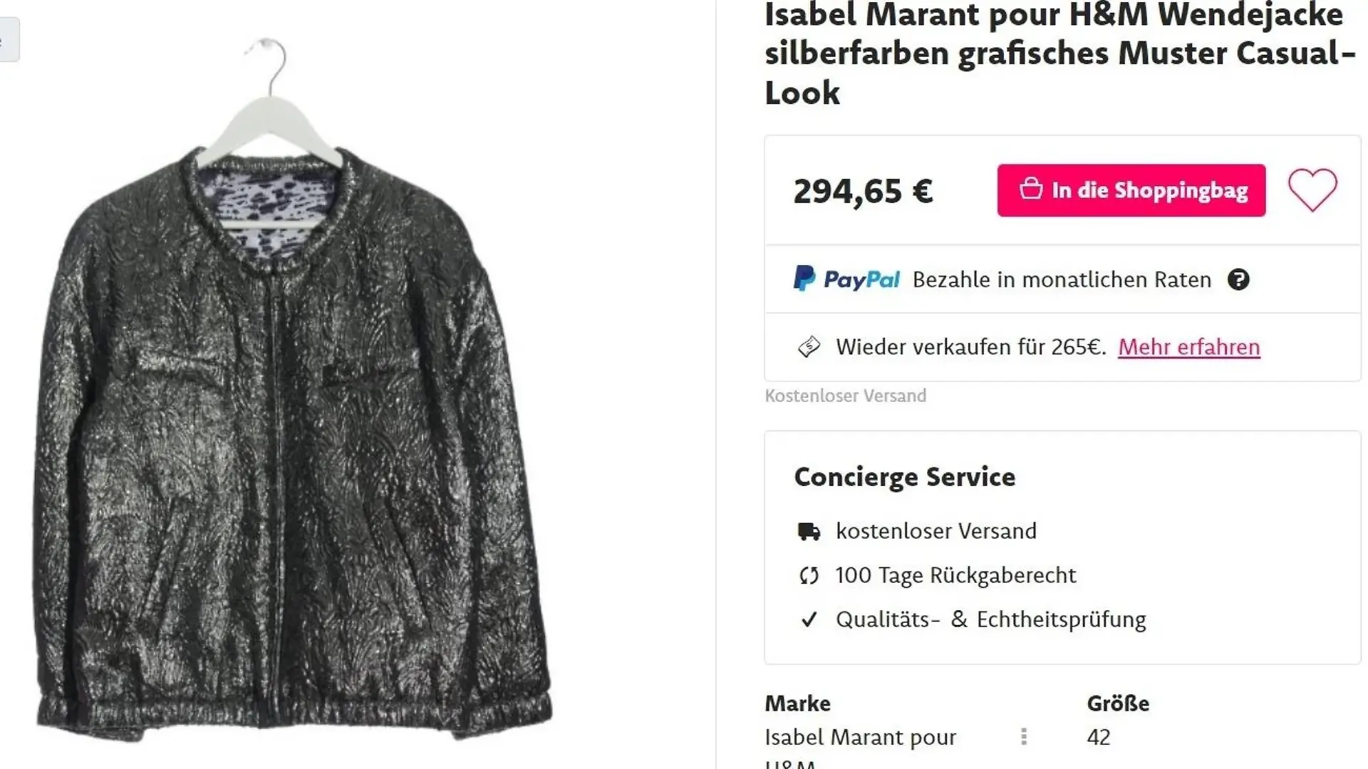 Blouson: Isabel Marant pour H&M Wendejacke silberfarben grafisches Muster Casual-Look