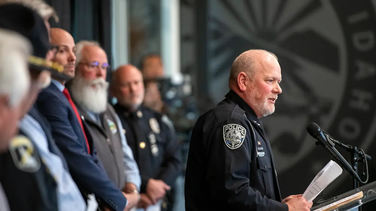 Moscow, Idaho, Police Chief James Fry answers questions at a press conference, on Wednesday, Nov. 23, 2022, in Moscow, Idaho, about a quadruple homicide investigation involving four University of Idaho students. Ten days after four students were stabbed to death in their rooms, police said Wednesday they still have not identified a suspect or found a murder weapon, and they continued asking for tips and surveillance video.   (Zach Wilkinson/The Moscow-Pullman Daily News via AP)