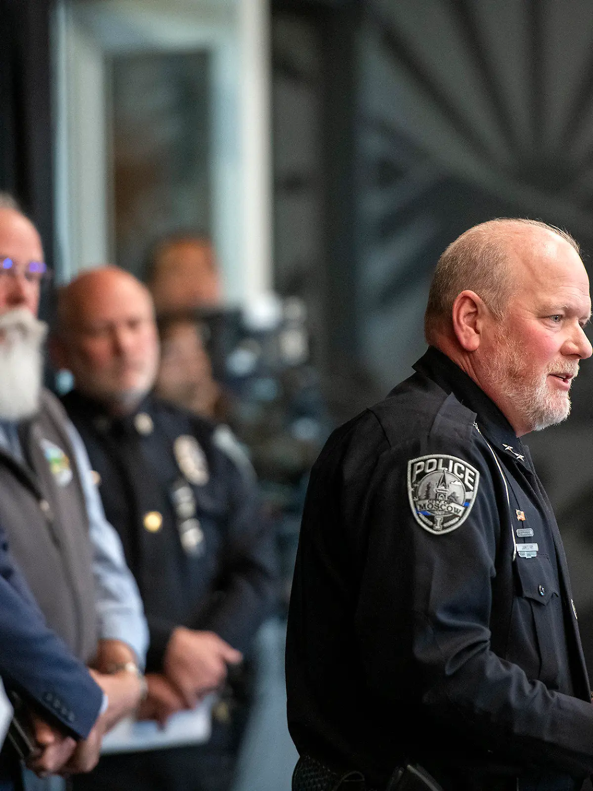 Moscow, Idaho, Police Chief James Fry answers questions at a press conference, on Wednesday, Nov. 23, 2022, in Moscow, Idaho, about a quadruple homicide investigation involving four University of Idaho students. Ten days after four students were stabbed to death in their rooms, police said Wednesday they still have not identified a suspect or found a murder weapon, and they continued asking for tips and surveillance video.   (Zach Wilkinson/The Moscow-Pullman Daily News via AP)