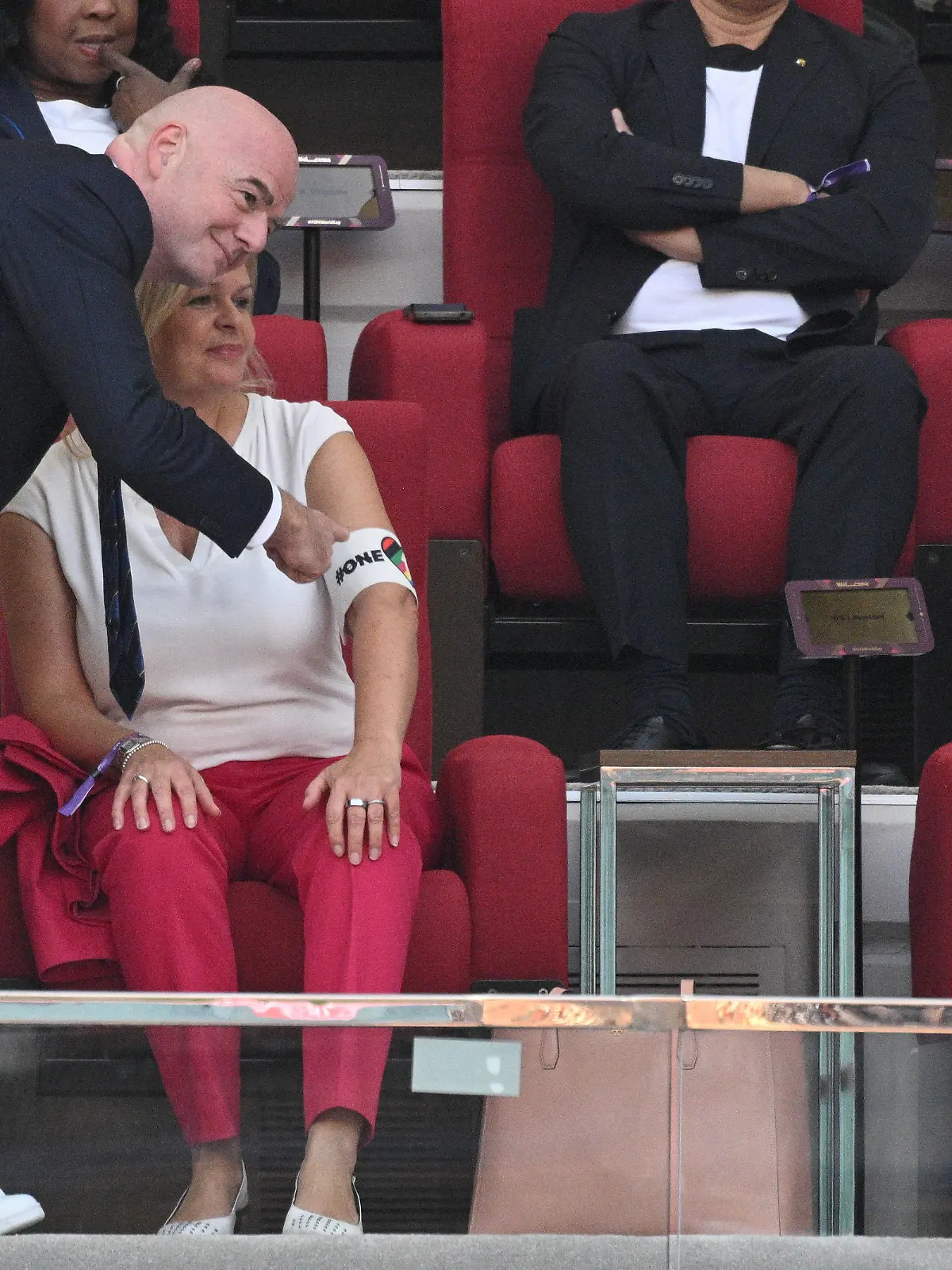 Gianni Infantino, President of Fifa,  with Nancy Faeser, the German Federal Minister of the Interior and Community wearing the OneLove armband in the stands as she attends the FIFA World Cup Qatar 2022 match between Germany and Japan at Khalifa Stadium on November 22, 2022 in Doha, Qatar.//LEOROOSTER_Sipa.6429/Credit:LEO ROOSTER/SIPA/2211231635/Credit:LEO ROOSTER/SIPA/2211231647