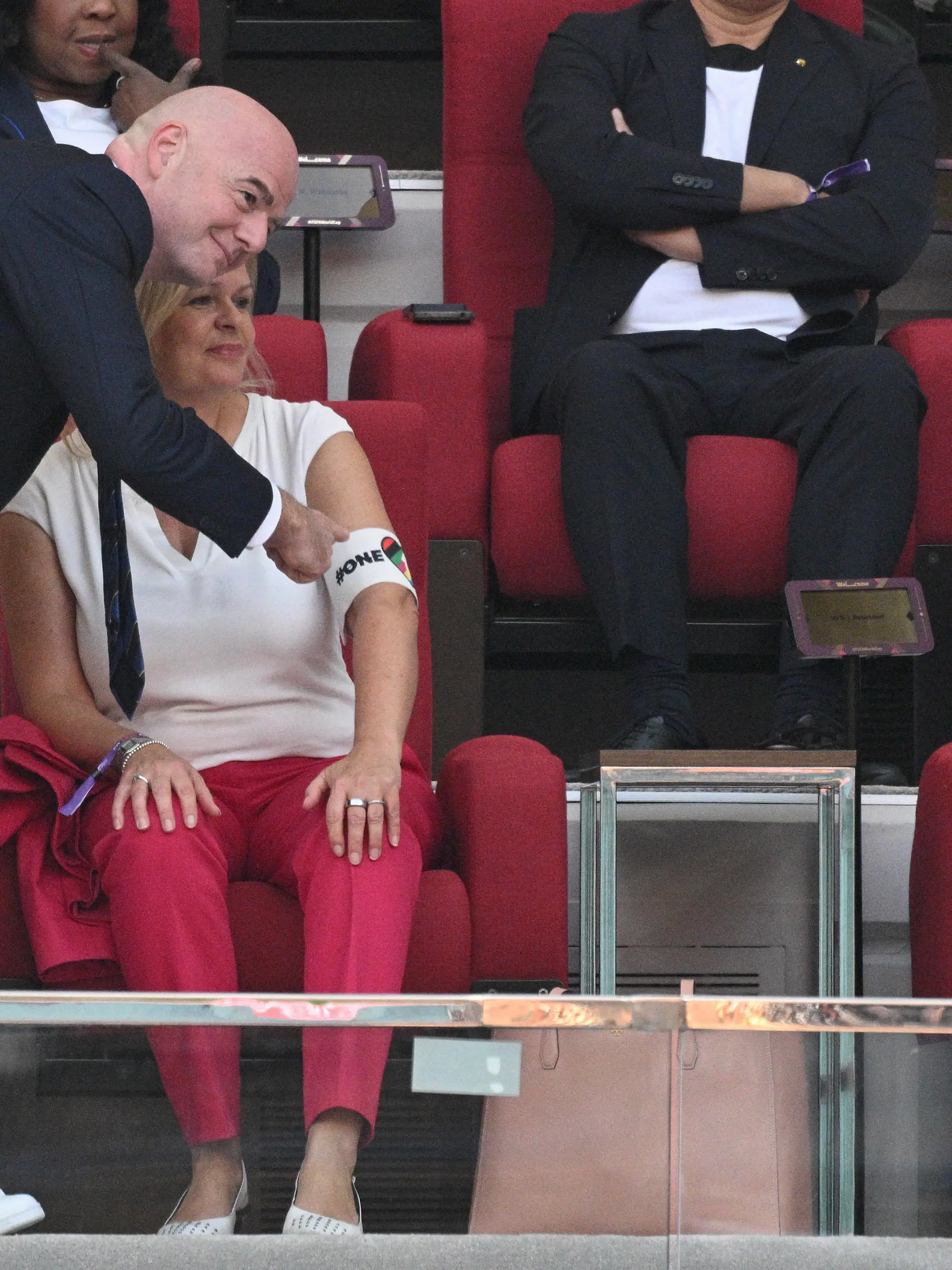 Gianni Infantino, President of Fifa,  with Nancy Faeser, the German Federal Minister of the Interior and Community wearing the OneLove armband in the stands as she attends the FIFA World Cup Qatar 2022 match between Germany and Japan at Khalifa Stadium on November 22, 2022 in Doha, Qatar.//LEOROOSTER_Sipa.6429/Credit:LEO ROOSTER/SIPA/2211231635/Credit:LEO ROOSTER/SIPA/2211231647