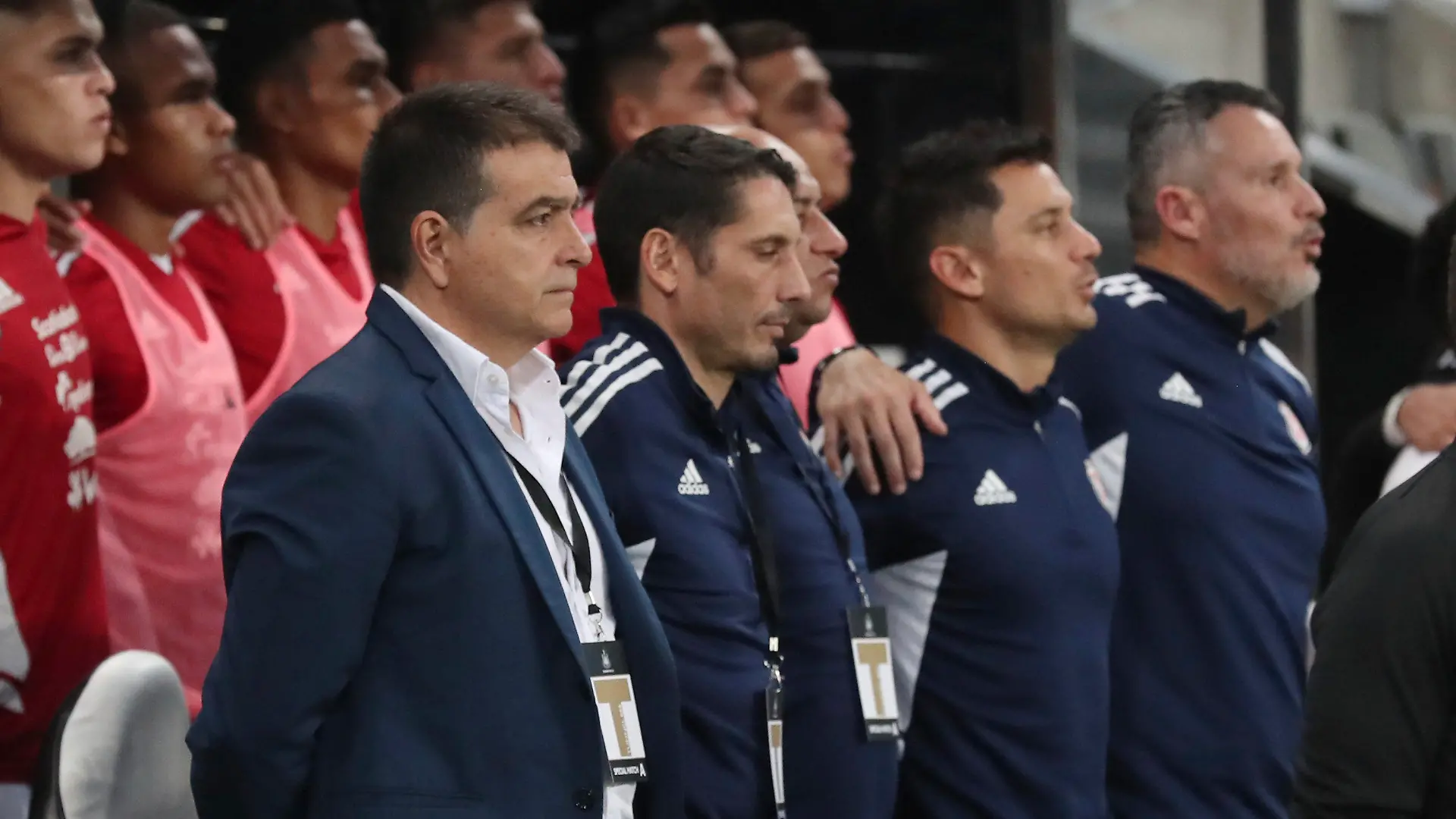 Costa Rica manager Claudio Vivas, left, stands with his team before an international friendly soccer match between Costa Rica and Saudi Arabia at St. James' Park, Friday, Sept. 8, 2023, in Newcastle, England. (AP Photo/Scott Heppell)