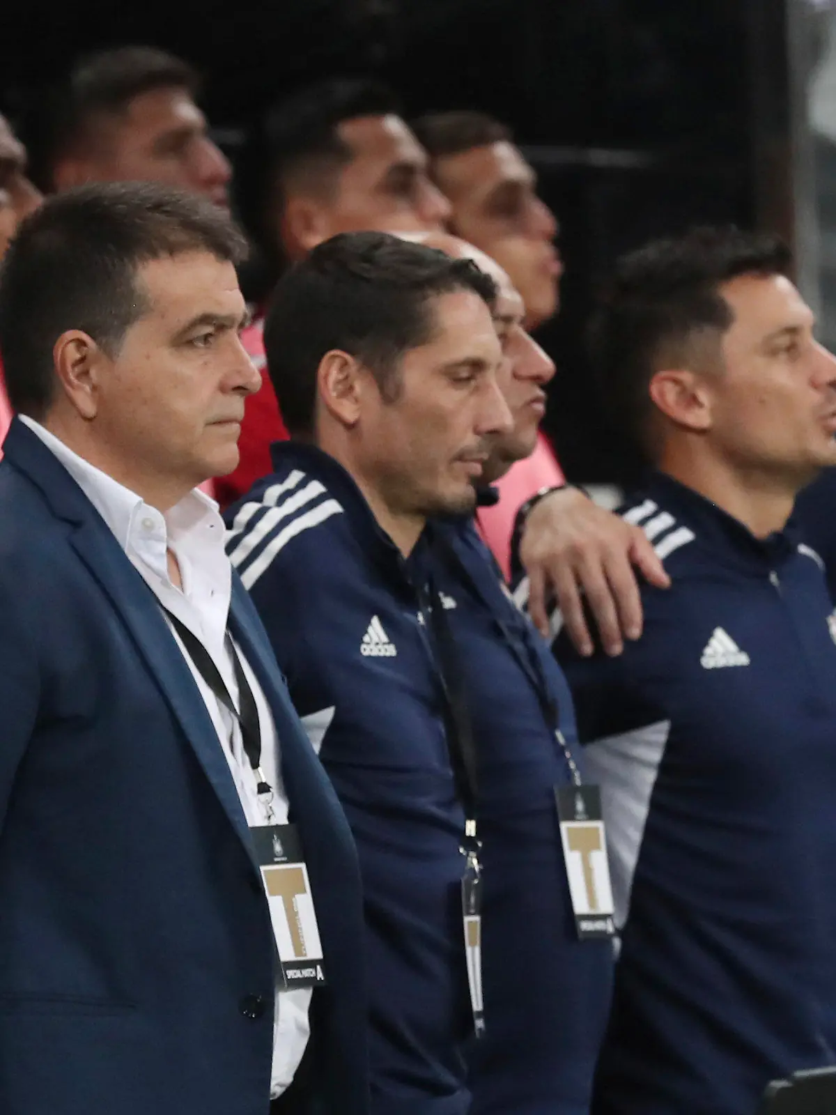 Costa Rica manager Claudio Vivas, left, stands with his team before an international friendly soccer match between Costa Rica and Saudi Arabia at St. James' Park, Friday, Sept. 8, 2023, in Newcastle, England. (AP Photo/Scott Heppell)