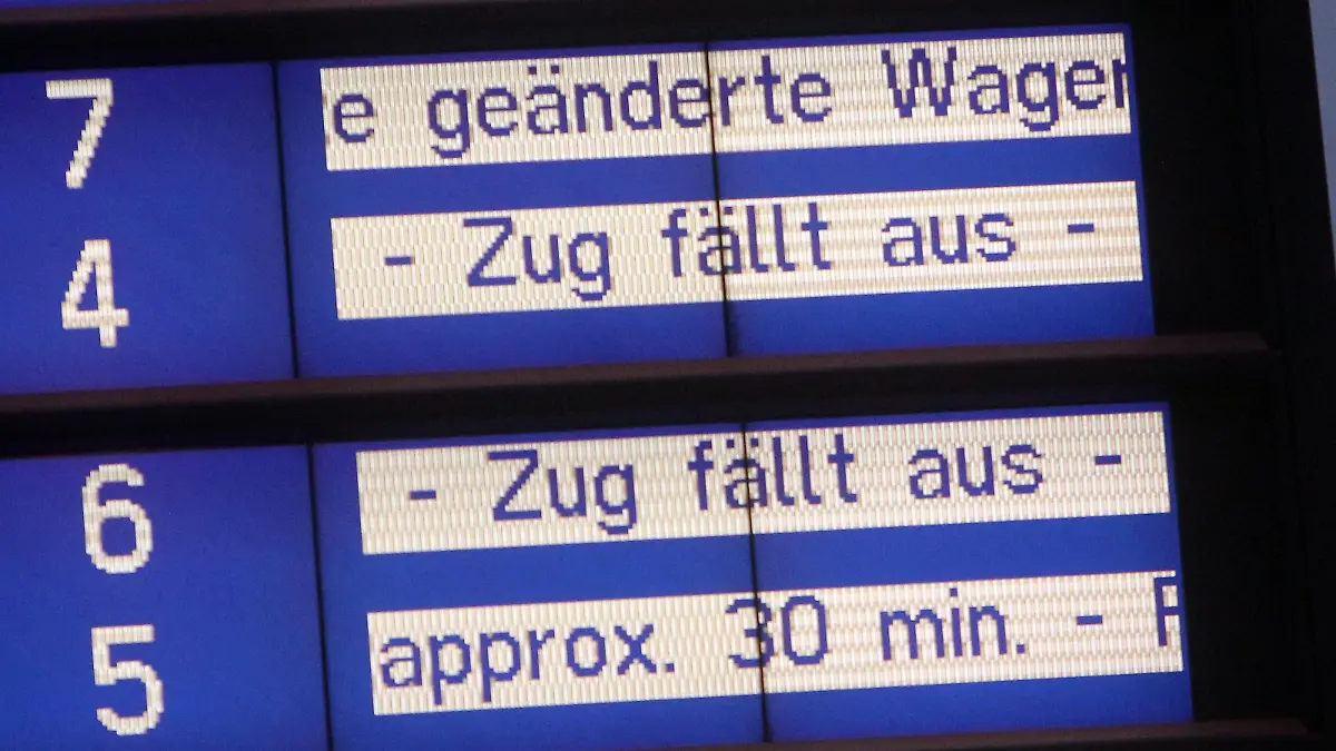 Anzeigetafel mit hitzebedingten Zugverspätungen und Zugausfällen der DB Deutsche n Bahn im Fernbahnhof Flughafen Frankfurt, Hessen, Deutschland *** Scoreboard with heat-related train delays and train cancellations of the DB Deutsche Bahn at the long-distance railway station at Frankfurt Airport, Hesse, Germany