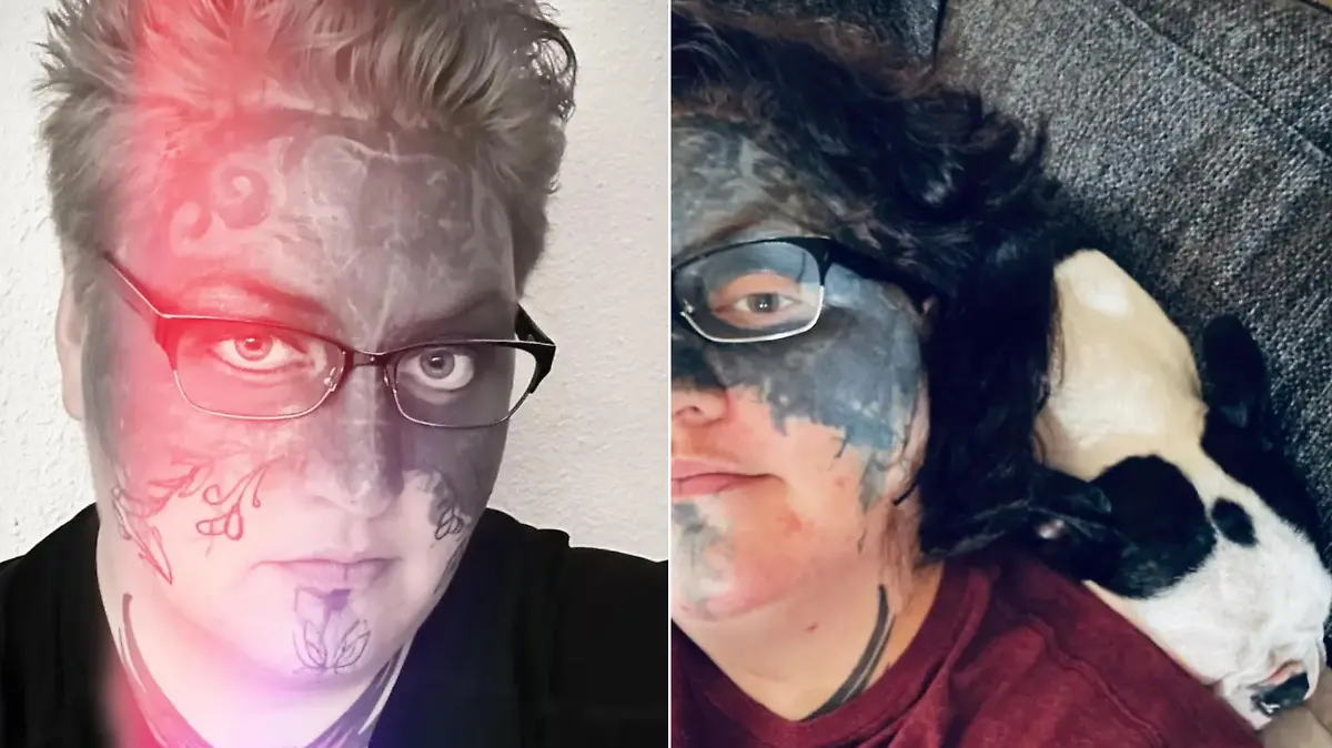 Dieses massive Gesichtstattoo hatte Taylor White nie gewollt - Collage von Frau mit sehr großem Tattoo im Gesicht