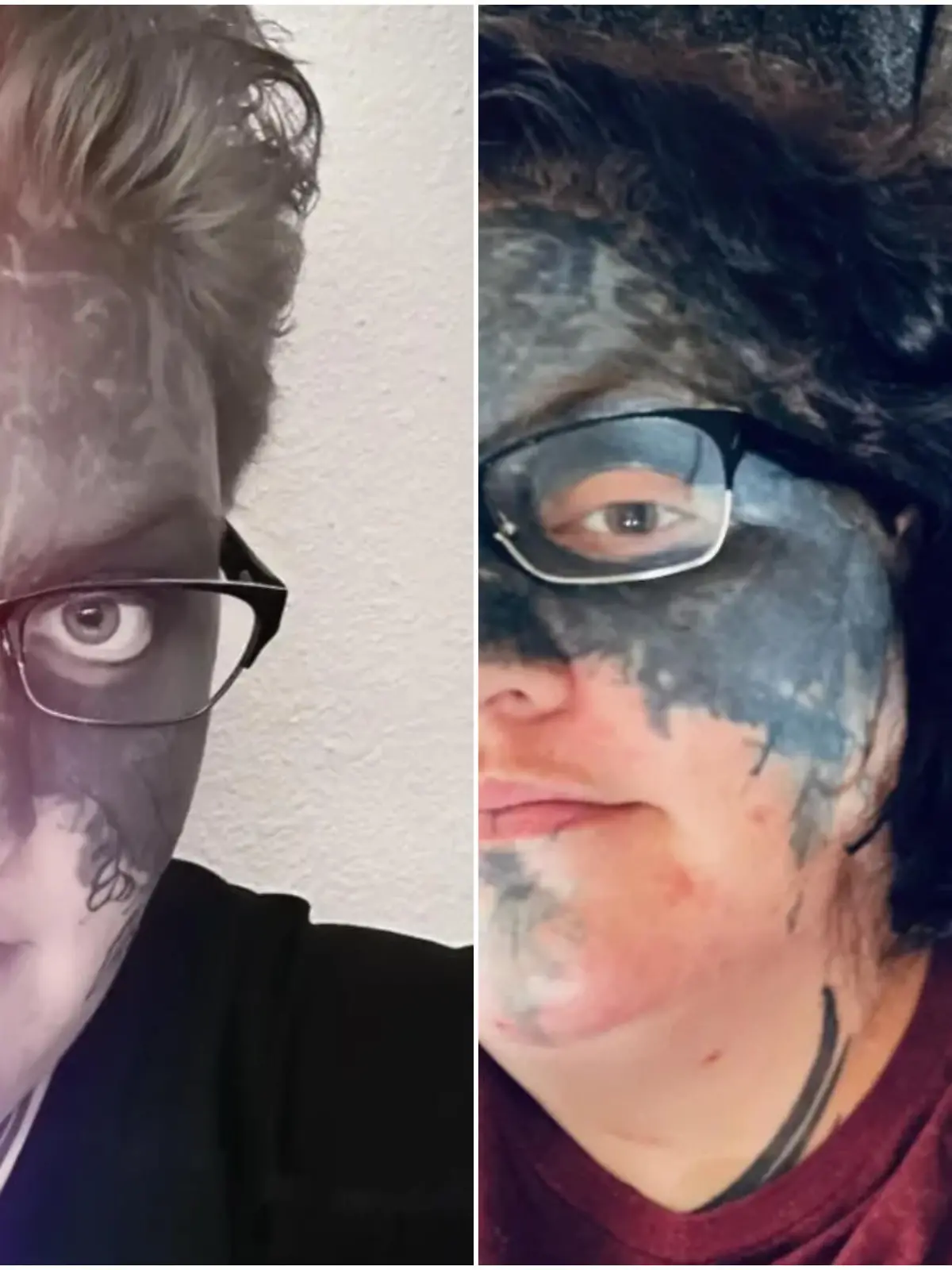 Dieses massive Gesichtstattoo hatte Taylor White nie gewollt - Collage von Frau mit sehr großem Tattoo im Gesicht