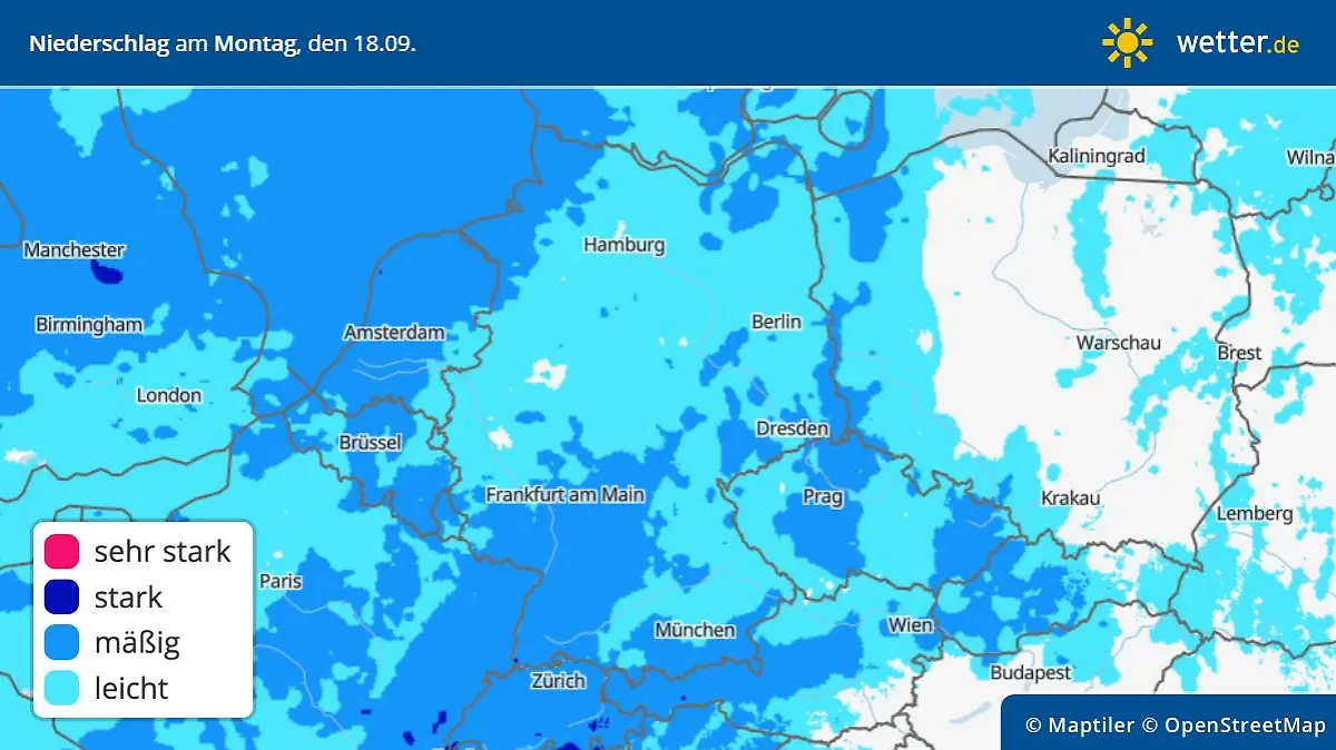 Die Grafik zeigt die Niederschlagsmengen am Montag, 18.09.2023