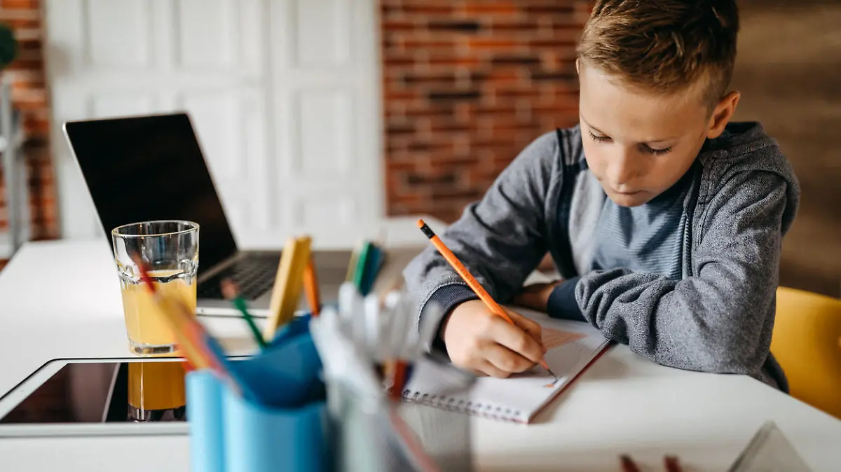 Young boy sitting in his room and doing homework