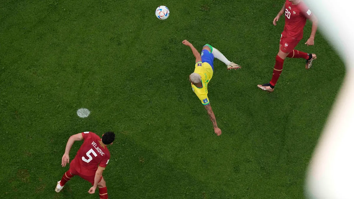 Brazil's Richarlison scores his second goal during the World Cup group G soccer match between Brazil and Serbia, at the Lusail Stadium in Lusail, Qatar, Thursday, Nov. 24, 2022. (AP Photo/Thanassis Stavrakis)