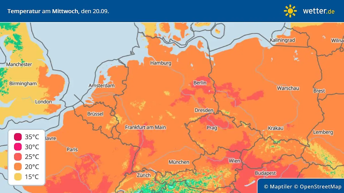 Die Grafik zeigt die Höchstwerte am Mittwoch, 20.09.2023