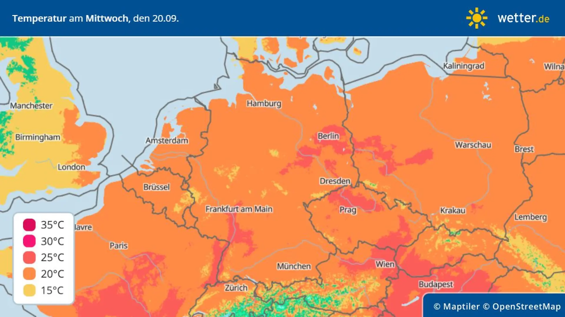 Die Grafik zeigt die Höchstwerte am Mittwoch, 20.09.2023