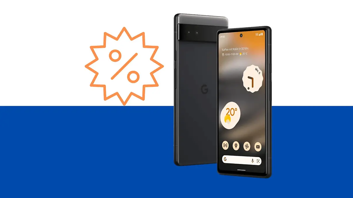 Google Pixel 6a auf blauem Hintergrund mit Rabatt