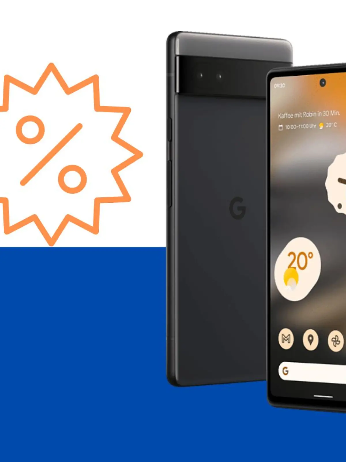 Google Pixel 6a auf blauem Hintergrund mit Rabatt