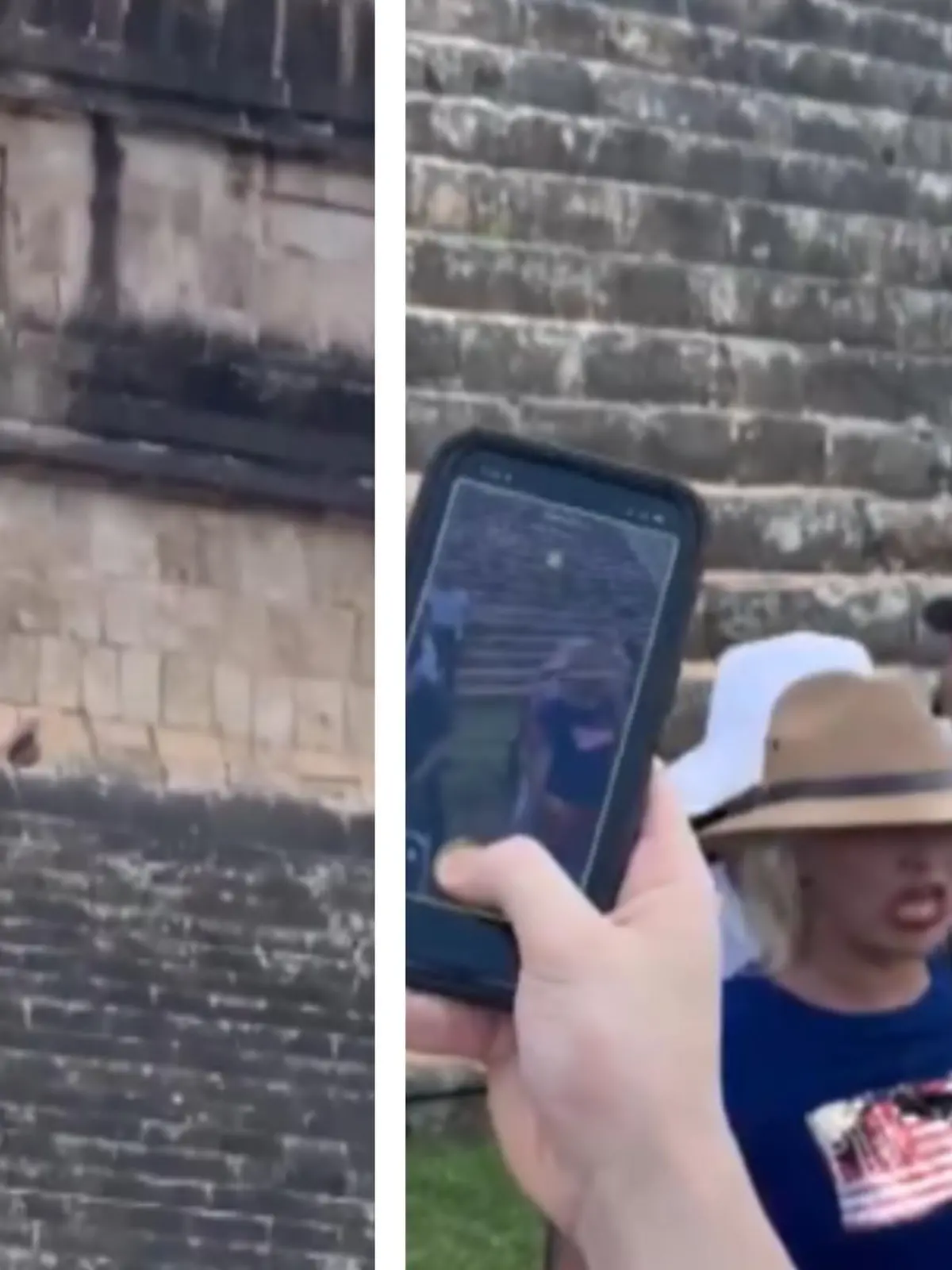 Eine Frau, die spanische Staatsangehörige sein soll, sorgte für Empörung, als sie die Regeln ignorierte und die Stufen der Tempelanlage Chichén Itzá bestieg. Am Gipfel angekommen, lässt sie sich feiern und kreist ihre Hüften – dass sie danach einen Walk of Shame hinlegen würde, hätte sie wohl nicht gedacht. Sie wird heftig beschimpft, mit Wasser übergossen und muss Geschubse ertragen.