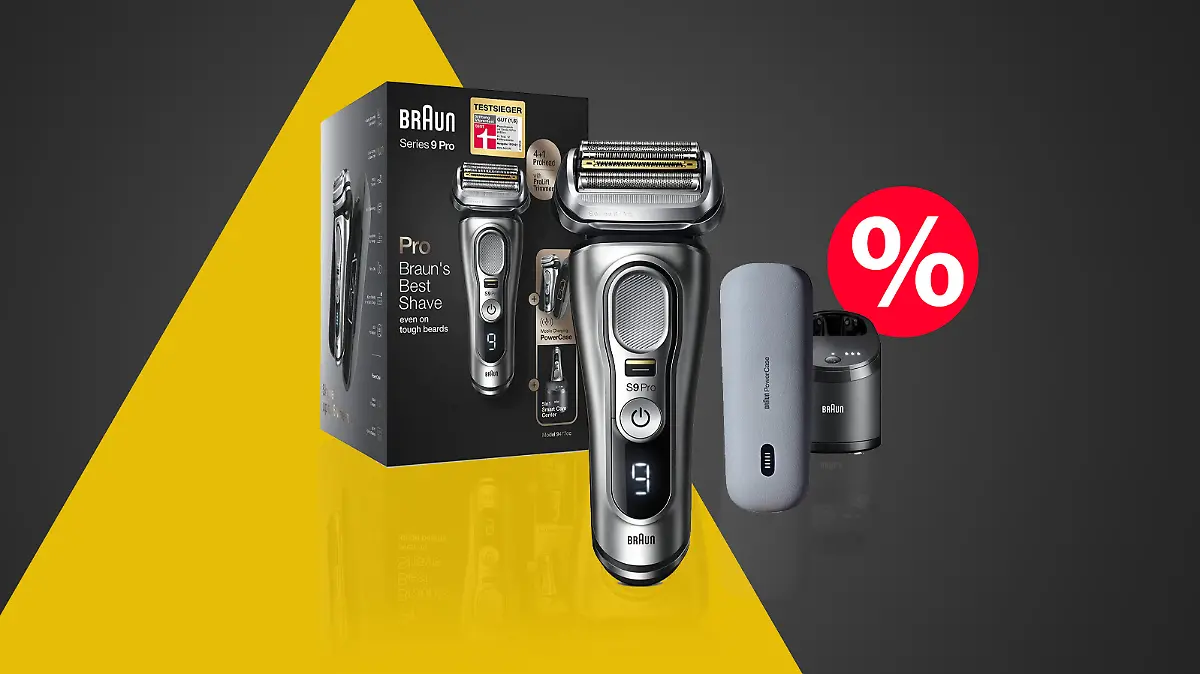 Der Braun Series 9 Pro Premium Rasierer auf schwarz-gelben Hintergrund und einem rot-weißen Prozentzeichen mittig rechts.