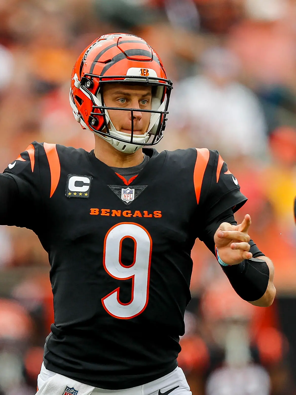 Sep 17, 2023; Cincinnati, Ohio, USA; Cincinnati Bengals quarterback Joe Burrow (9) throws a pass against the Baltimore Ravens in the second half at Paycor Stadium. Mandatory Credit: Katie Stratman-USA TODAY Sports