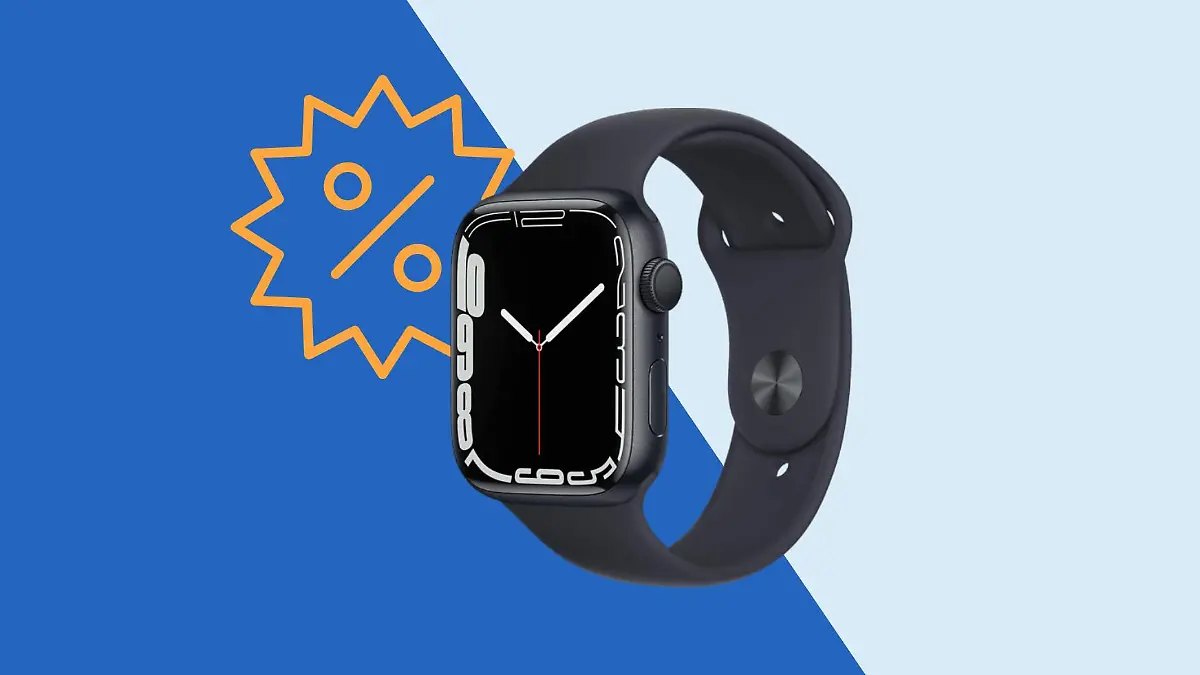 Apple Watch Series 7 auf blauem Hintergrund mit Rabatt