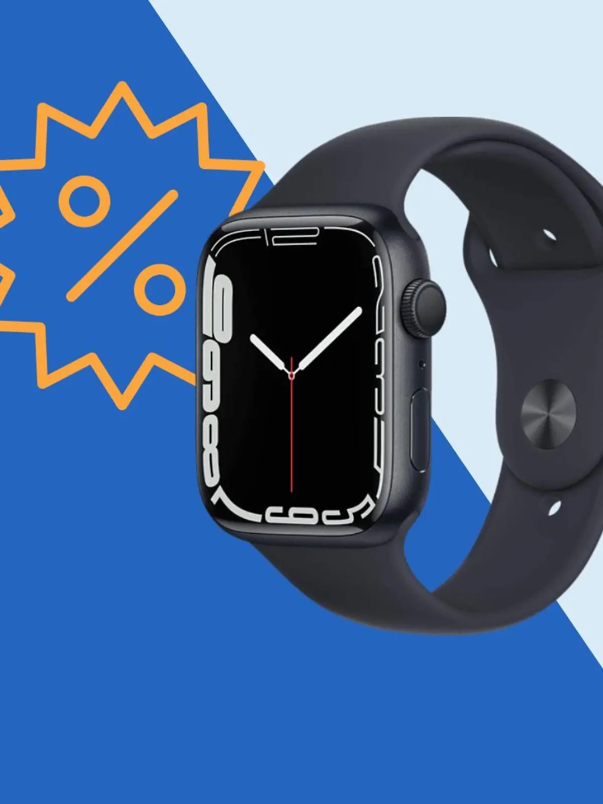 Apple Watch Series 7 auf blauem Hintergrund mit Rabatt