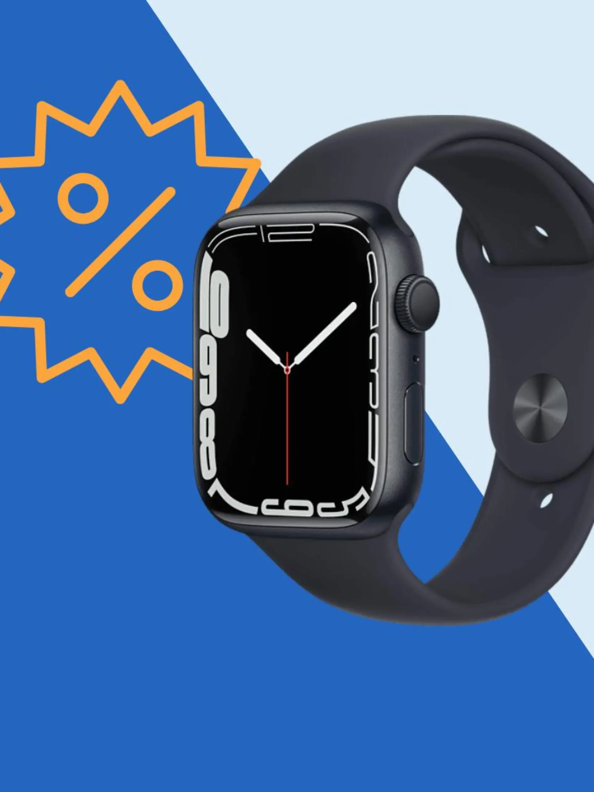 Apple Watch Series 7 auf blauem Hintergrund mit Rabatt