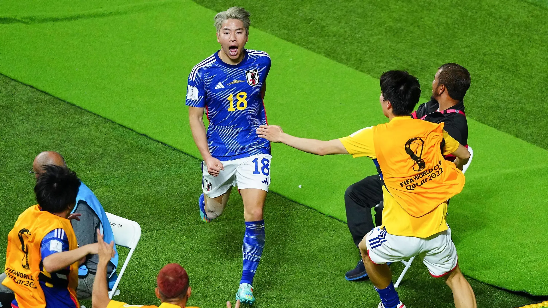 Mandatory Credit: Photo by Javier Garcia/Shutterstock 13626471bh Takuma Asano of Japan celebrates after scoring a goal 1-2 Germany v Japan, FIFA World Cup, WM, Weltmeisterschaft, Fussball 2022, Group E, Football, Khalifa International Stadium, Ar-Rayyan, Qatar - 23 Nov 2022 Editorial Use Only Germany v Japan, FIFA World Cup 2022, Group E, Football, Khalifa International Stadium, Ar-Rayyan, Qatar - 23 Nov 2022 Editorial Use Only PUBLICATIONxINxGERxSUIxAUTXHUNxGRExMLTxCYPxROMxBULxUAExKSAxONLY Copyright: xJavierxGarcia/Shutterstockx 13626471bh