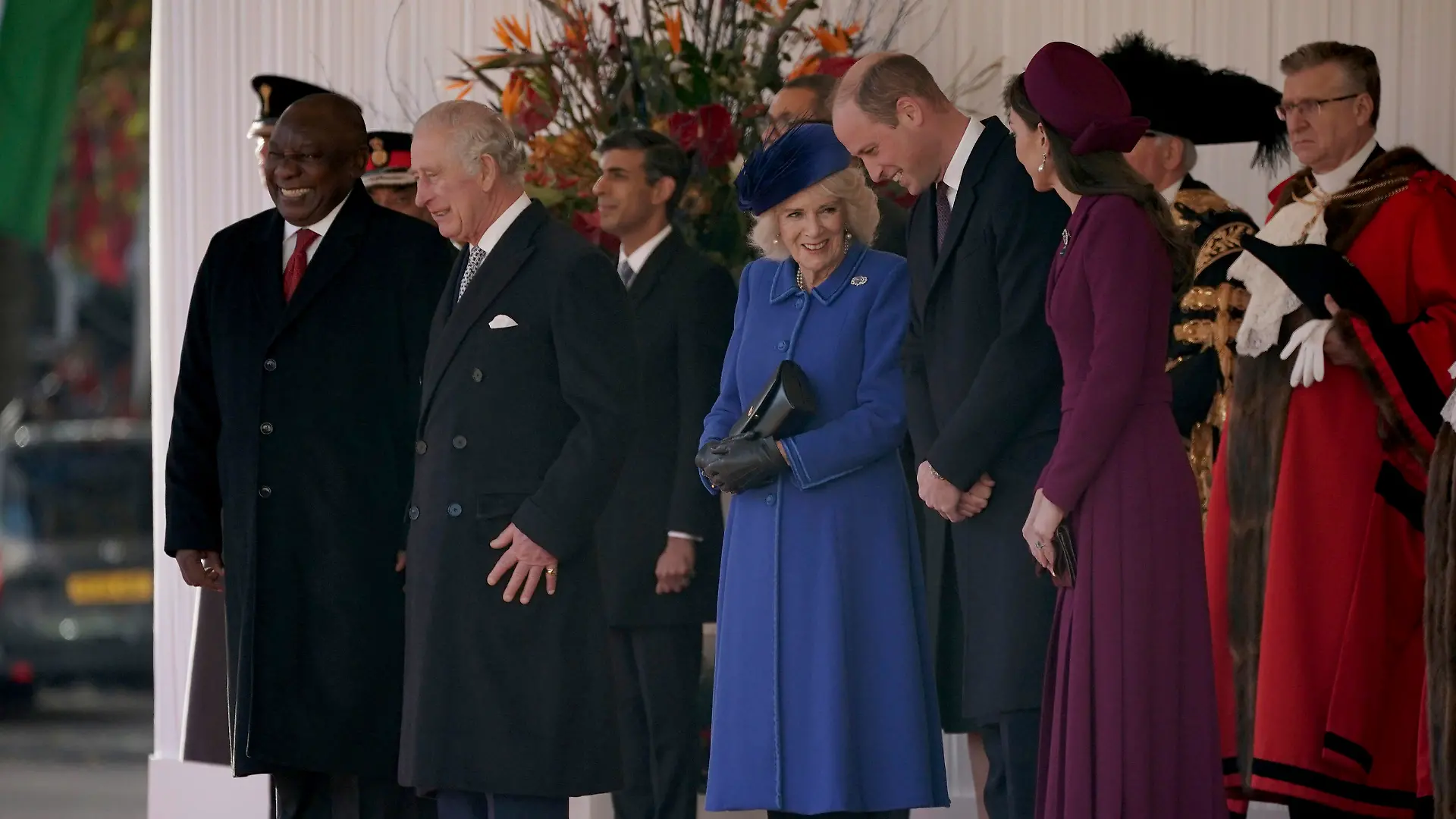 From left, President Cyril Ramaphosa of South Africa, Britain's King Charles III, Camilla, the Queen Consort, Prince William and Kate, Princess of Wales inspect a Guard of Honour during the ceremonial welcome for the state visit of the South Africa President at Horse Guards Parade in London, Tuesday Nov. 22, 2022. (Yui Mok/Pool via AP)