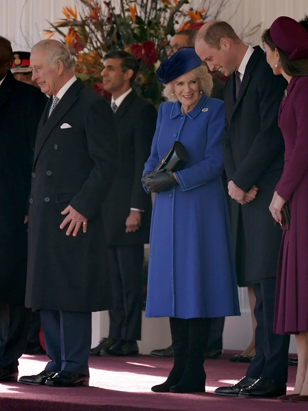 From left, President Cyril Ramaphosa of South Africa, Britain's King Charles III, Camilla, the Queen Consort, Prince William and Kate, Princess of Wales inspect a Guard of Honour during the ceremonial welcome for the state visit of the South Africa President at Horse Guards Parade in London, Tuesday Nov. 22, 2022. (Yui Mok/Pool via AP)