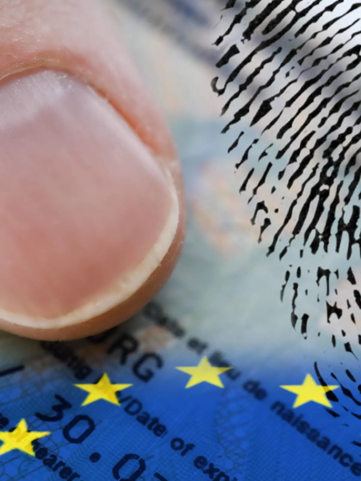  FOTOMONTAGE, Daumen auf deutschem Personalausweis mit EU-Fahne und Fingerabdruck *** FOTOMONTAGE Thumb on German identity card with EU flag and fingerprint