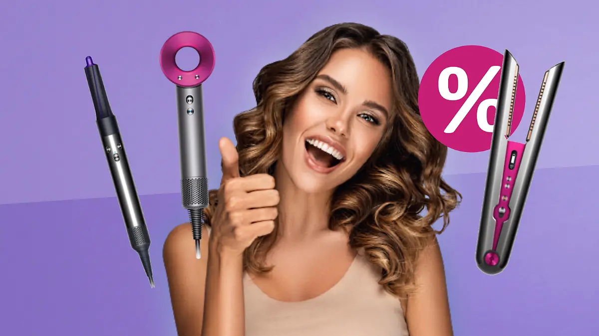 Frau mit Dyson-Produkten in einer Collage.