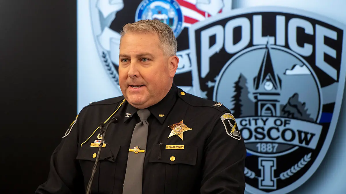 Col. Kedrick Wills of the Idaho State Police speaks during a press conference about a quadruple homicide investigation involving four University of Idaho students at the Moscow Police Department on Wednesday, Nov. 16, 2022, in Moscow, Idaho. (Zach Wilkinson/The Moscow-Pullman Daily News via AP)