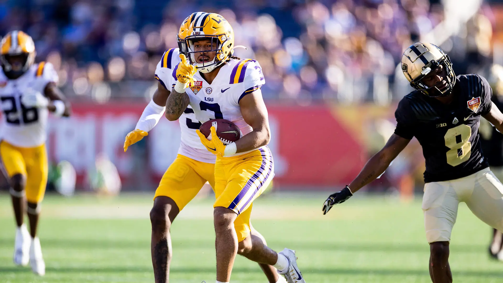 NCAA, College League, USA Football: Citrus Bowl-Purdue at Louisiana State Jan 2, 2023 Orlando, FL, USA LSU Tigers safety Greg Brooks Jr. 3 gestures after an interception during the second half against the Purdue Boilermakers at Camping World Stadium. Orlando Camping World Stadium FL USA, EDITORIAL USE ONLY PUBLICATIONxINxGERxSUIxAUTxONLY Copyright: xMattxPendletonx 20230102_jcd_ee7_0207