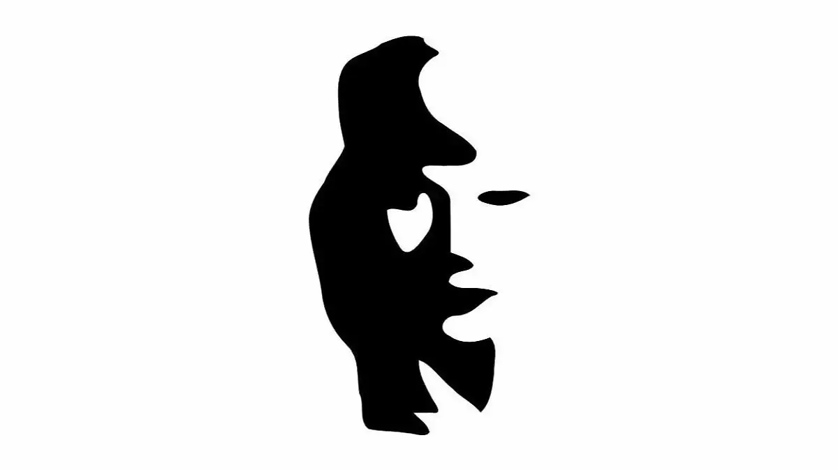 Eine optische Illusion in schwarz weiß. Sie zeigt gleichzeitig ein schwarzen männlichen Saxophonspieler und ein weißes weibliches Gesicht.