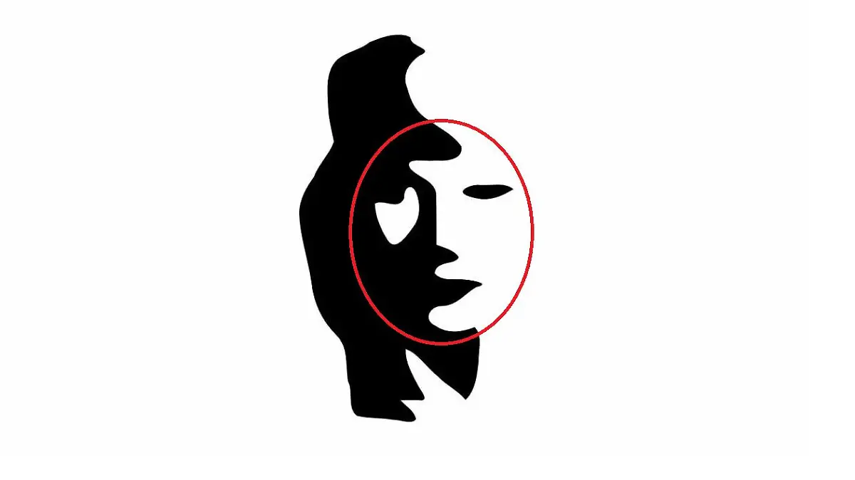Eine optische Täuschung auf der man sowohl einen Saxophonspieler als auch das Gesicht einer Frau sehen kann. Das Gesicht der Frau ist von einem roten Kreis umgeben.