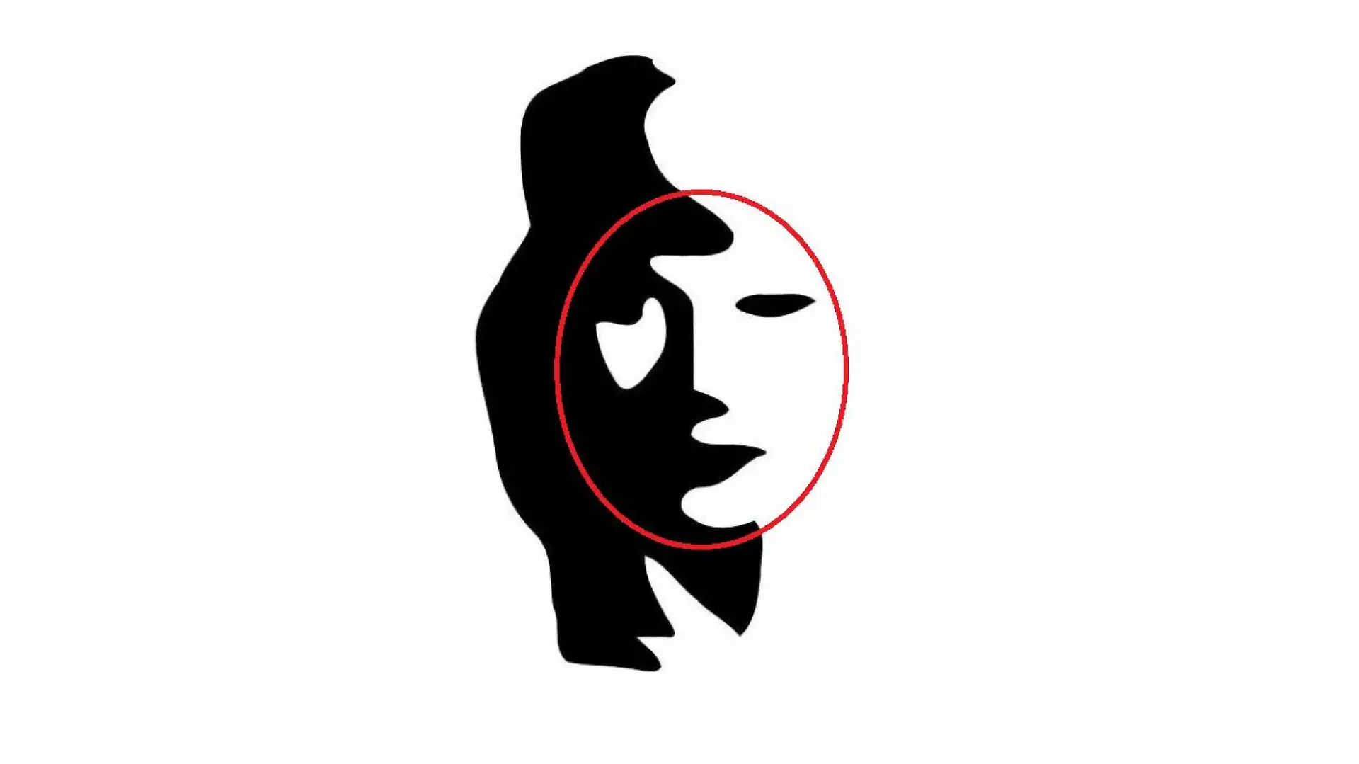 Eine optische Täuschung auf der man sowohl einen Saxophonspieler als auch das Gesicht einer Frau sehen kann. Das Gesicht der Frau ist von einem roten Kreis umgeben.