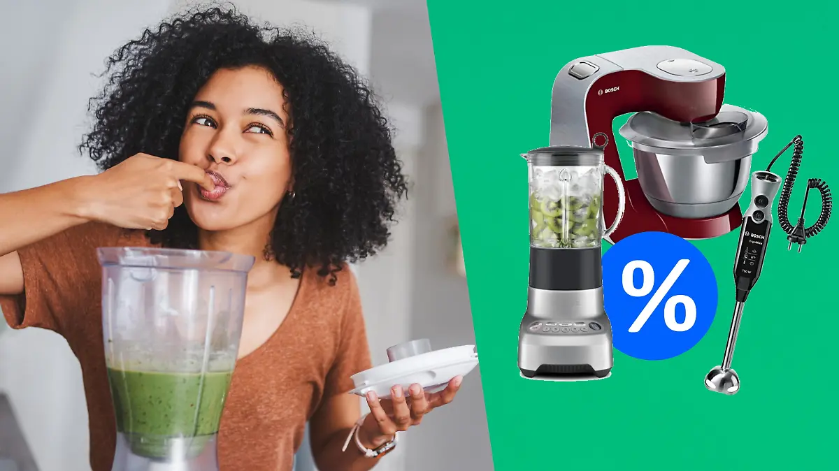 Eine Frau mit schwarzen Afro hinter einem Mixer mit grünen Smoothie als Inhalt. Auf der rechten Seite Bosch' Stabmixer und Küchenmaschine plus der Standmixer von Gastroback vor grünem Hintergrund.