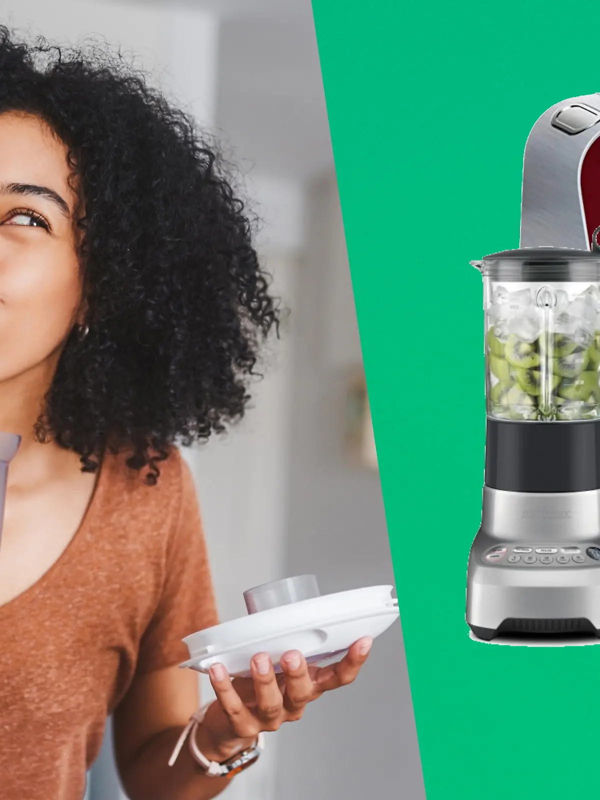Eine Frau mit schwarzen Afro hinter einem Mixer mit grünen Smoothie als Inhalt. Auf der rechten Seite Bosch' Stabmixer und Küchenmaschine plus der Standmixer von Gastroback vor grünem Hintergrund.